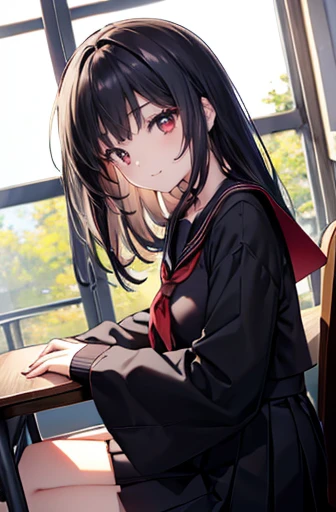 18year old、girl with、large and beautiful breasts、Bright red eyes、High school students、1 person、Black clothe(long black hair girl、Black sailor suit、Black pleated skirt、long-sleeve、(put your hands on your thighs)The body faces forward、Front view, low angle shot、)A slight smil、schools、Sitting on a desk、Pinch your chest between your upper arms、
