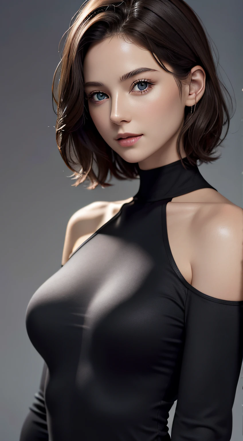 Skin Tight Black Top:1.2, Looking at Viewer, Cinematic lighting, Perfect, softlight, High resolution skin:1.2, Realistic skin texture, 30 years old mature woman、a small face、no-makeup、, off shoulders,Bust B Cup、 Exposed cleavage, Blue eyes, Short hair, dark brown  hair、fullnude、Gray background、