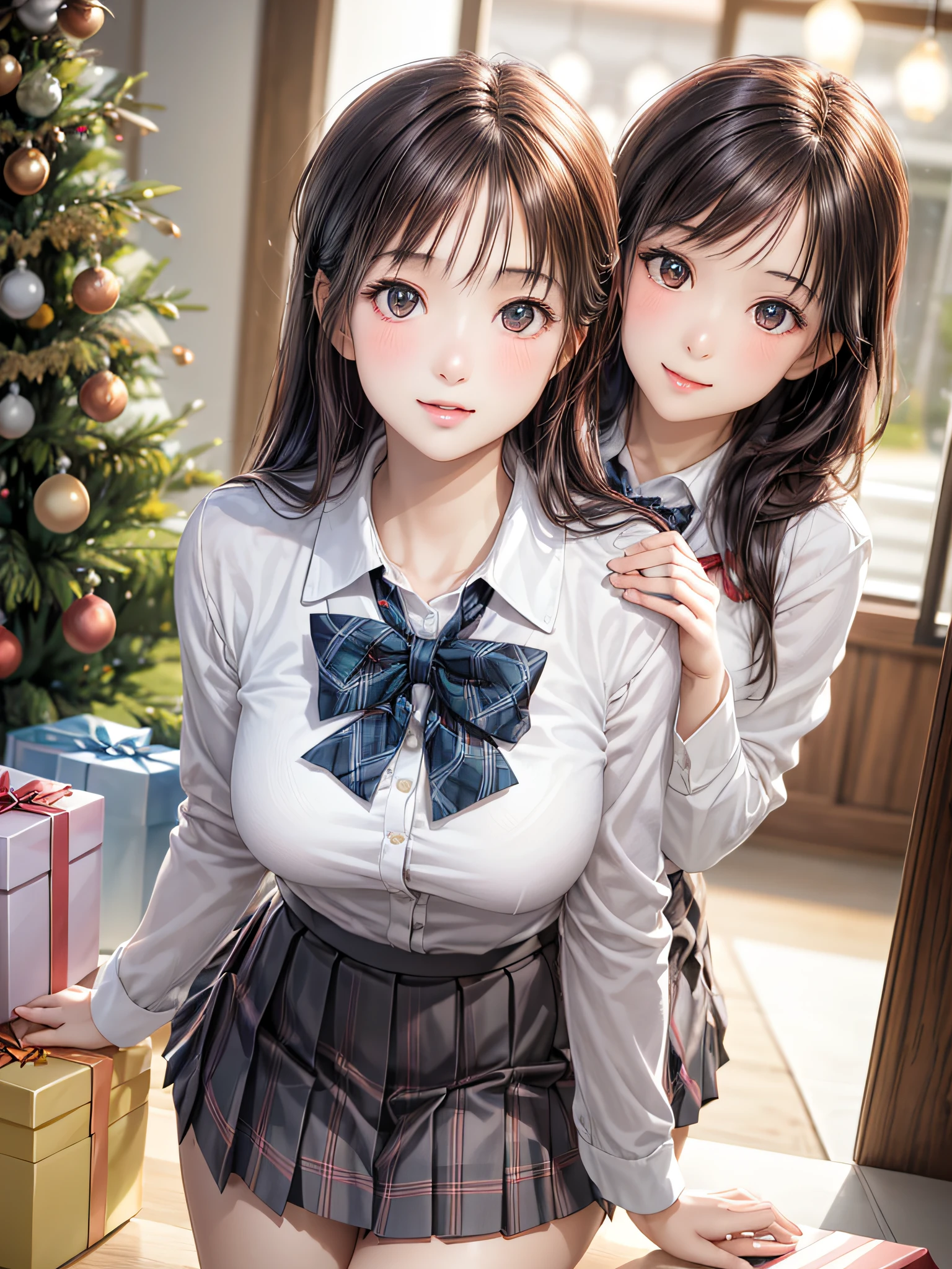 (2girls:1.4), Extremely cute, amazing face and eyes beautiful nice smile), (extremely detailed beautiful face), bright and shiny lips, (School uniform, Pleated skirt:1.3), (Best Quality:1.4), (hyper quality), (Ultra-detailed), (Hyper-realistic, Photorealsitic:1.37), Authentic skin texture, intricate-detail, extremely detailed CG unified 8k wallpaper, RAW Photos, professional photograpy, Cinematic lighting, Exposing, Christmas tree, Christmas Ornaments, Christmas Decorations, Christmas Lights, Christmas Lights,