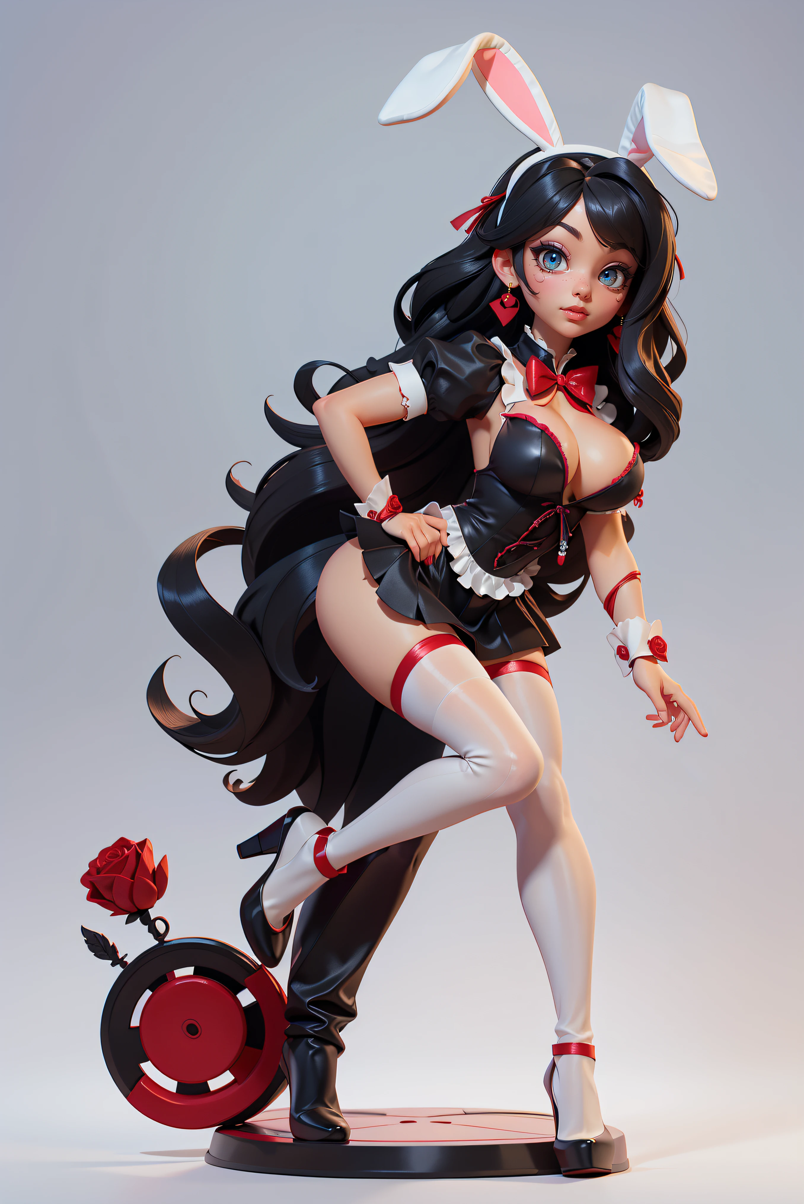 masterpiece, high res, 4k, (perfect anatomy:1.5), perfect long legs, perfect arms, white bunny ears, long black hair, black and white maid outfit with red bows and ribbons, (black stockings), black high heels, cute face, rose cheeks, tiny body, large breasts, sexy pose, sexy body