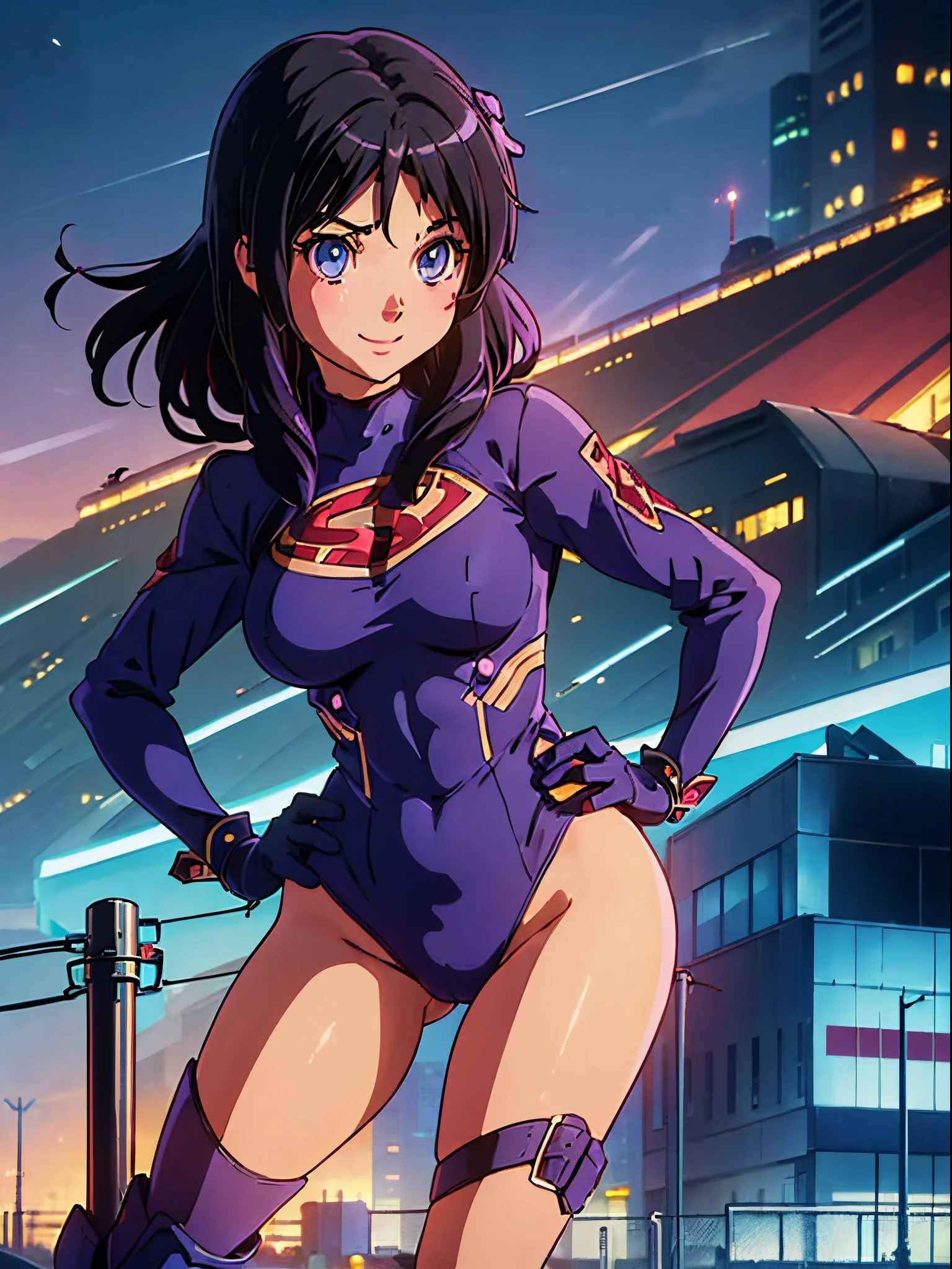 1girl, medium breasts, leotard, bare legs, gloves, boots, superhero, standing, hands on hip, city backdrop, (beautiful detailed eyes:1.6), (perfect hands, perfect anatomy), reina kousaka, smile