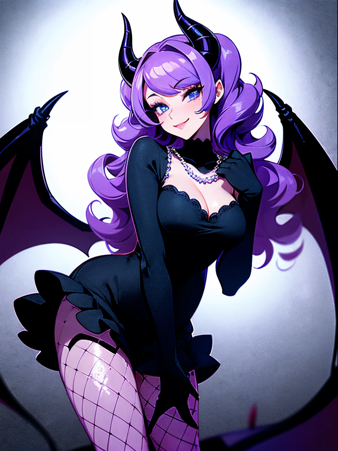 A beautiful and sexy woman with long wavy violet hair, drill curls, side-swept bangs, sharp blue eyes, light skin, smile, wearing a sparkly black dress, fishnet stockings and pearl necklace, there's two black devil horns on her head, and she also has a black devil tail and black demon wings, she's standing in the city at nighttime