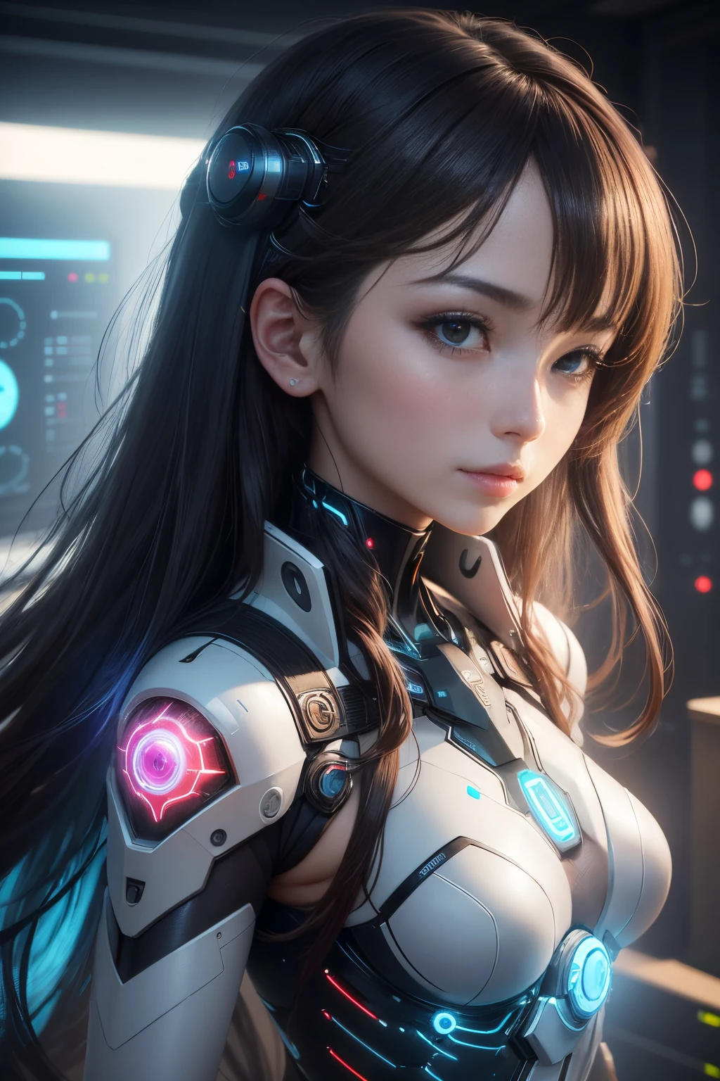 ((Best Quality)), ((masutepiece)), (Detailed), Perfect face,In the room with the quantum computer、Expressing a beautiful AI woman surrounded by future technology.、Showcasing the fusion of advanced science and beauty。