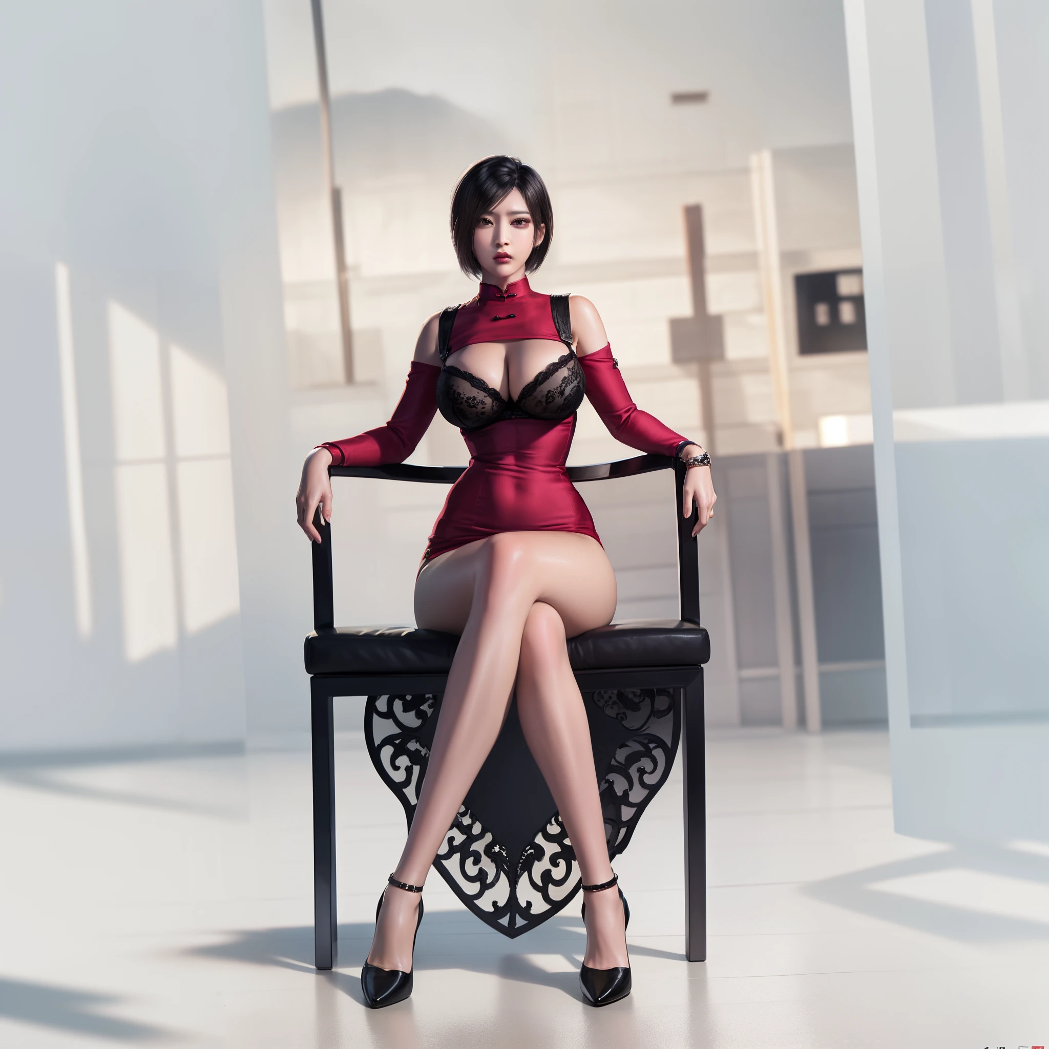 Red cheongsam，A woman sits in a chair,Red clothes， wearing red cheongsam, Silk fabric,Wang Aida&#39;Elegant pattern best quality, 4K, 8K, A high resolution, tmasterpiece:1.2), Flowing skirt, high-heels, ultra - detailed, (actual, realistically, realistically:1.37), Ida.wang, art style embryo, (actual: 1.2), (EndlessReality), (tmasterpiece: 1.2), (Best quality at best), (ultra - detailed), (8K, 4K, iintricate), wear lingerie, Wear it on your hand.