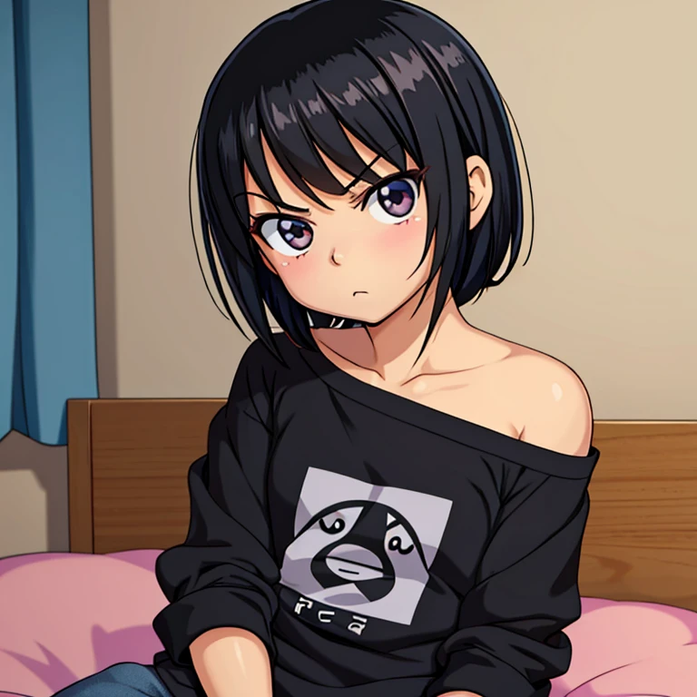 Short, anime, bratty, petite girl, angry, pouty face, shoulder length, black hair, arms crossed, casual clothing, in bed