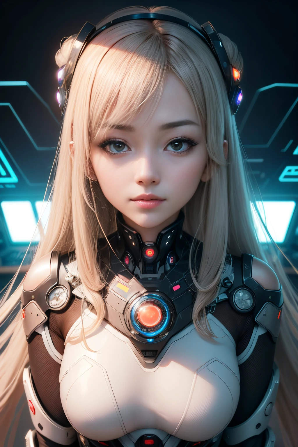((Best Quality)), ((masutepiece)), (Detailed), Perfect face,In the room with the quantum computer、Expressing a beautiful AI woman surrounded by future technology.、Showcasing the fusion of advanced science and beauty。