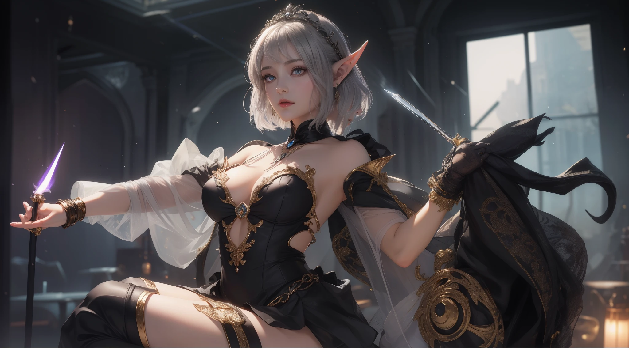 tmasterpiece，Highest image quality，Beautiful bust of a dark elf girl，elvish ears，Dark elf silver short hair style，Clear golden eyes，锁链，bistro in paris，Ultra-detailed details。At the Pixiv Art Station，Break your own power，The kinky  exposed，R-18G