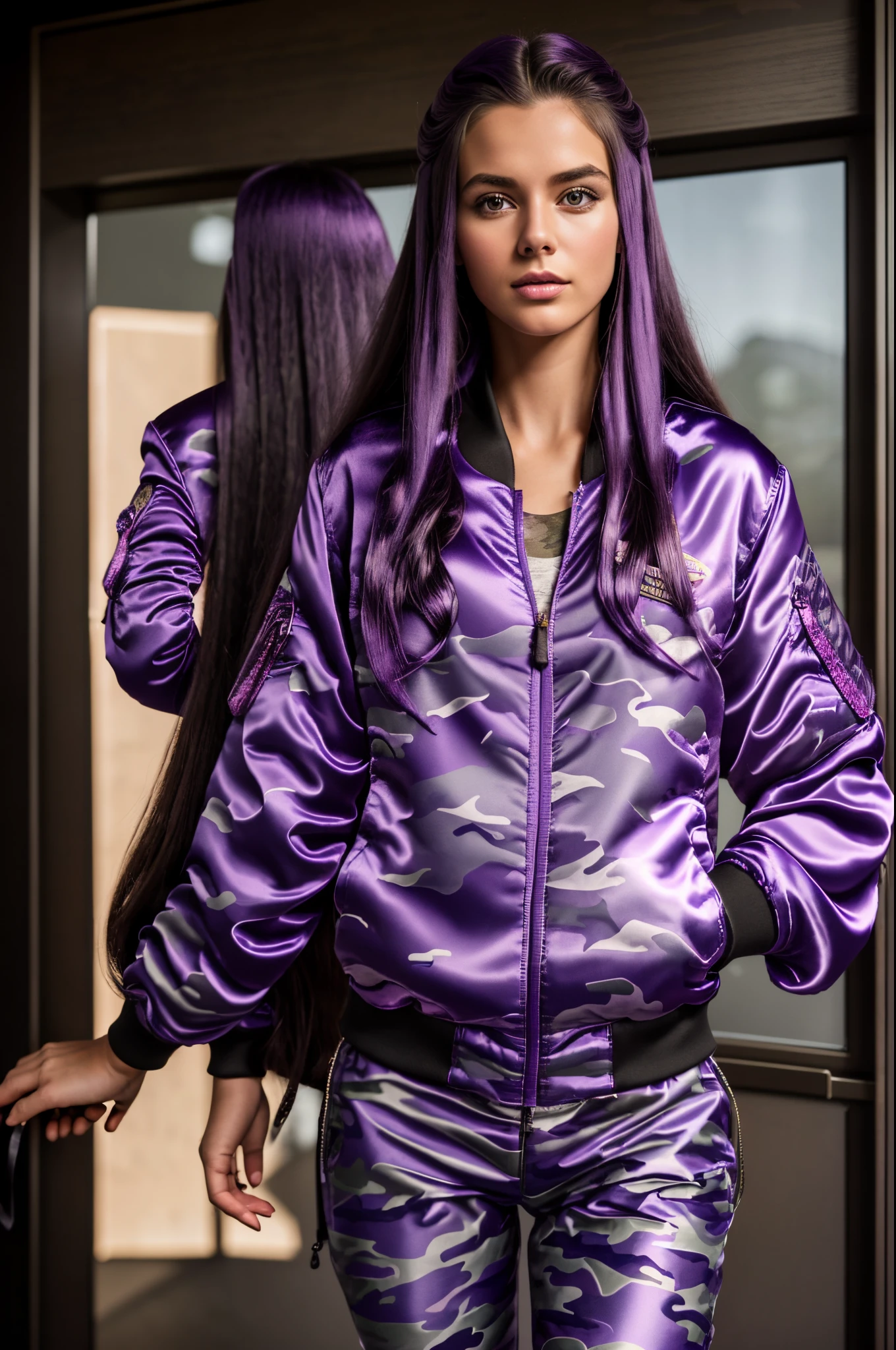 (three swiss young women:1.2), cute face, best quality,long hair (fully zipped, purple camouflage satin bomber jacket:1.4), sporty leggings, detailed textures, long hair, standing in front of a closed door, interior, , , light rays, twilight, highly detailed, (semi-realistic:1.2)