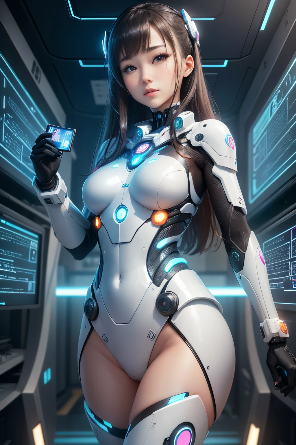 ((Best Quality)), ((masutepiece)), (Detailed), Perfect face，In the room with the quantum computer、Expressing a beautiful AI woman surrounded by future technology.、Showcasing the fusion of advanced science and beauty。