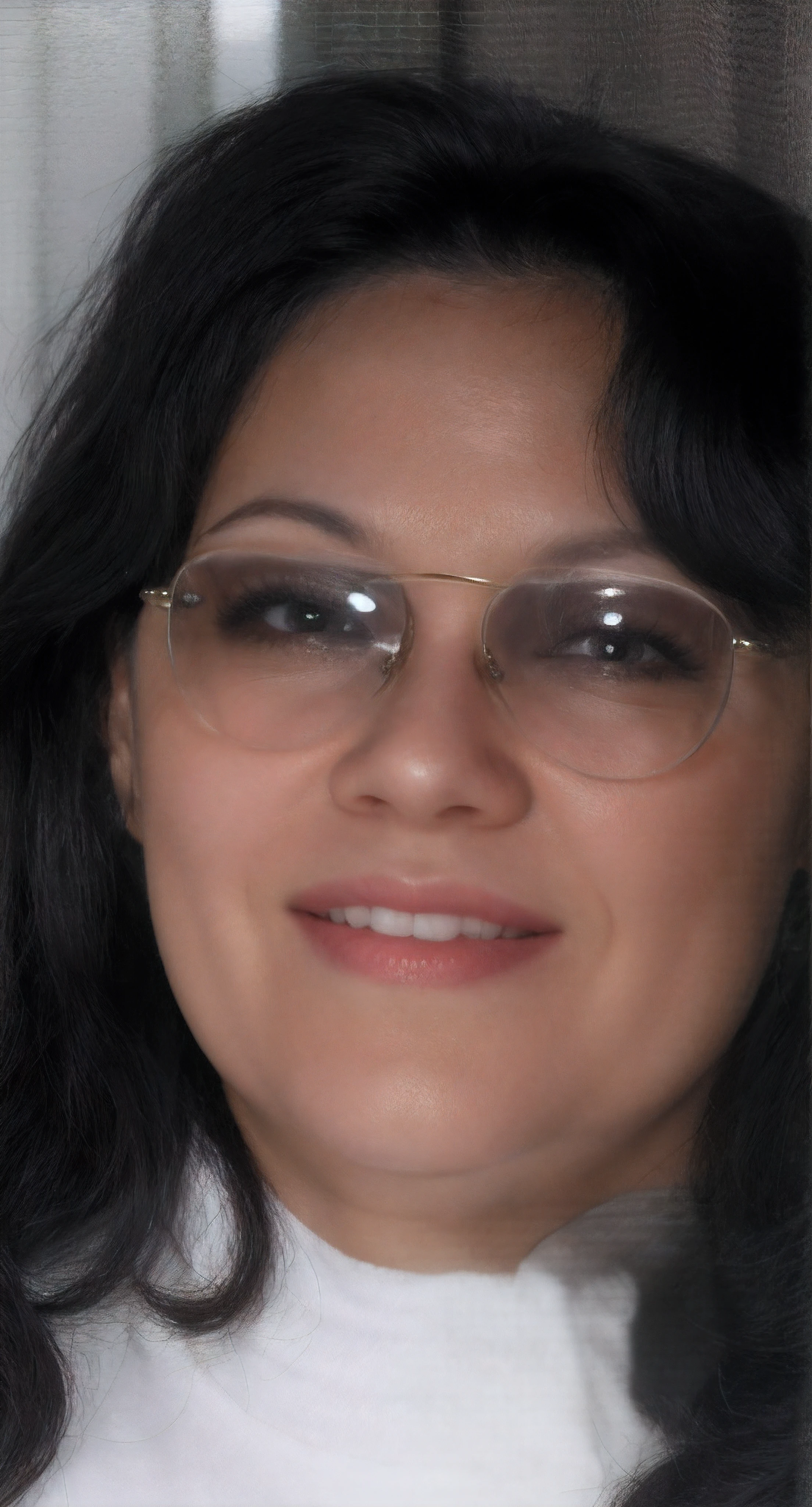 mulher feminina, cabelos pretos, sorridente, Rayban aviator sunglasses with clear lenses, blusa branca de malha, Rosto detalhado