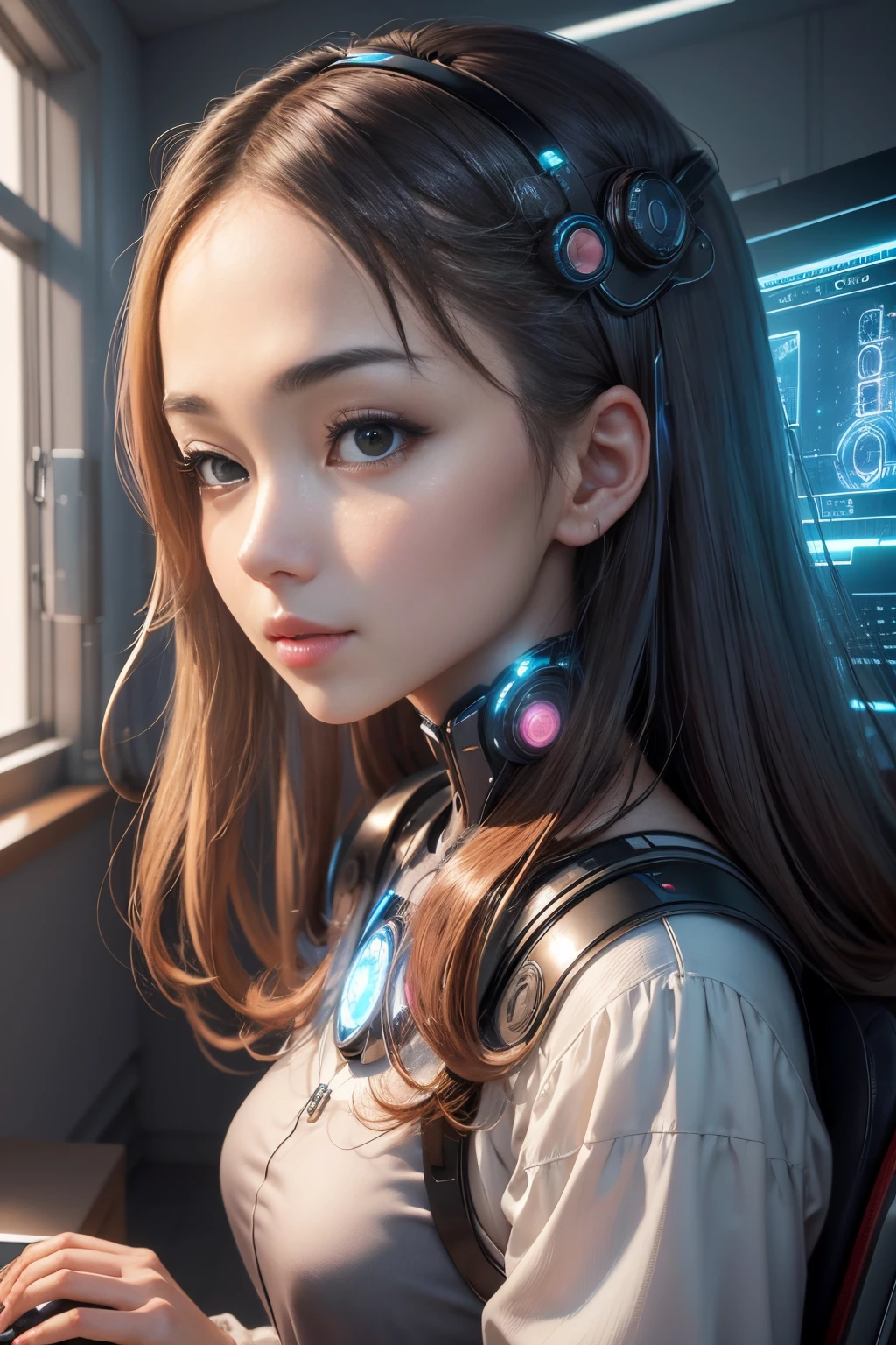 ((Best Quality)), ((masutepiece)), (Detailed), Perfect face，In the room with the quantum computer、Expressing a beautiful AI woman surrounded by future technology.、Showcasing the fusion of advanced science and beauty。