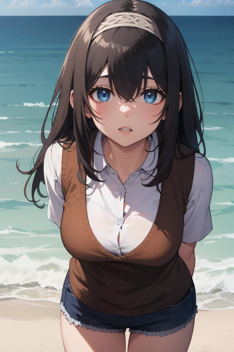 fumikasagisawa, BREAK fumika sagisawa, blue eyes, black hair, hairband, long hair, hair over eyes,
BREAK sweater vest, vest, yellow vest, buruma,
BREAK looking at viewer,standing, leaning forward, arms behind back,
BREAK outdoors, beach,
BREAK (masterpiece:1.2), best quality, high resolution, unity 8k wallpaper, (illustration:0.8), (beautiful detailed eyes:1.6), extremely detailed face, perfect lighting, extremely detailed CG, (perfect hands, perfect anatomy),