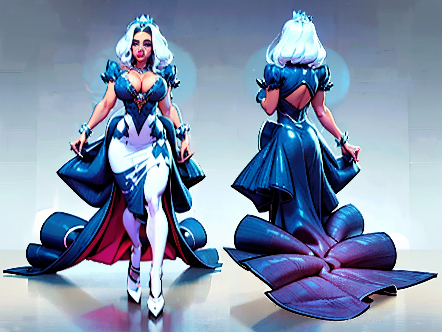 ((masterpiece)),(((best quality))),(character design sheet,same character,front,side,back),illustration,(Very detailed CG unity 8K wallpaper) best qualtiy,cinematic lighting,detailed back ground,(Very fine and beautiful),(Beautiful and detailed eye description),ultra - detailed,masterpiece,))A high resolution,ultra - detailed),1 girl,silver hair,princess cut,hair on eyes,beautiful eyes,environment Scene change, pose too, gorgeous princess dress, jewelry, crown, gorgeous, peacock aesthetic, magic, charturnbetalora, ( background, white background: 1.3), gigantic breasts, cleavage cutout, royalty