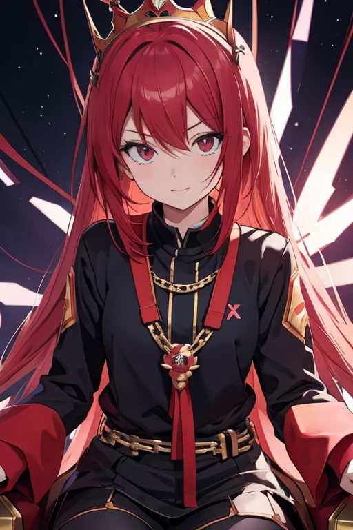 "Generate an anime-themed album cover featuring an emo girl reminiscent of Zero Two. Ensure she has red hair and is sitting on a king chair with a crown and chains, exuding a joyful expression."