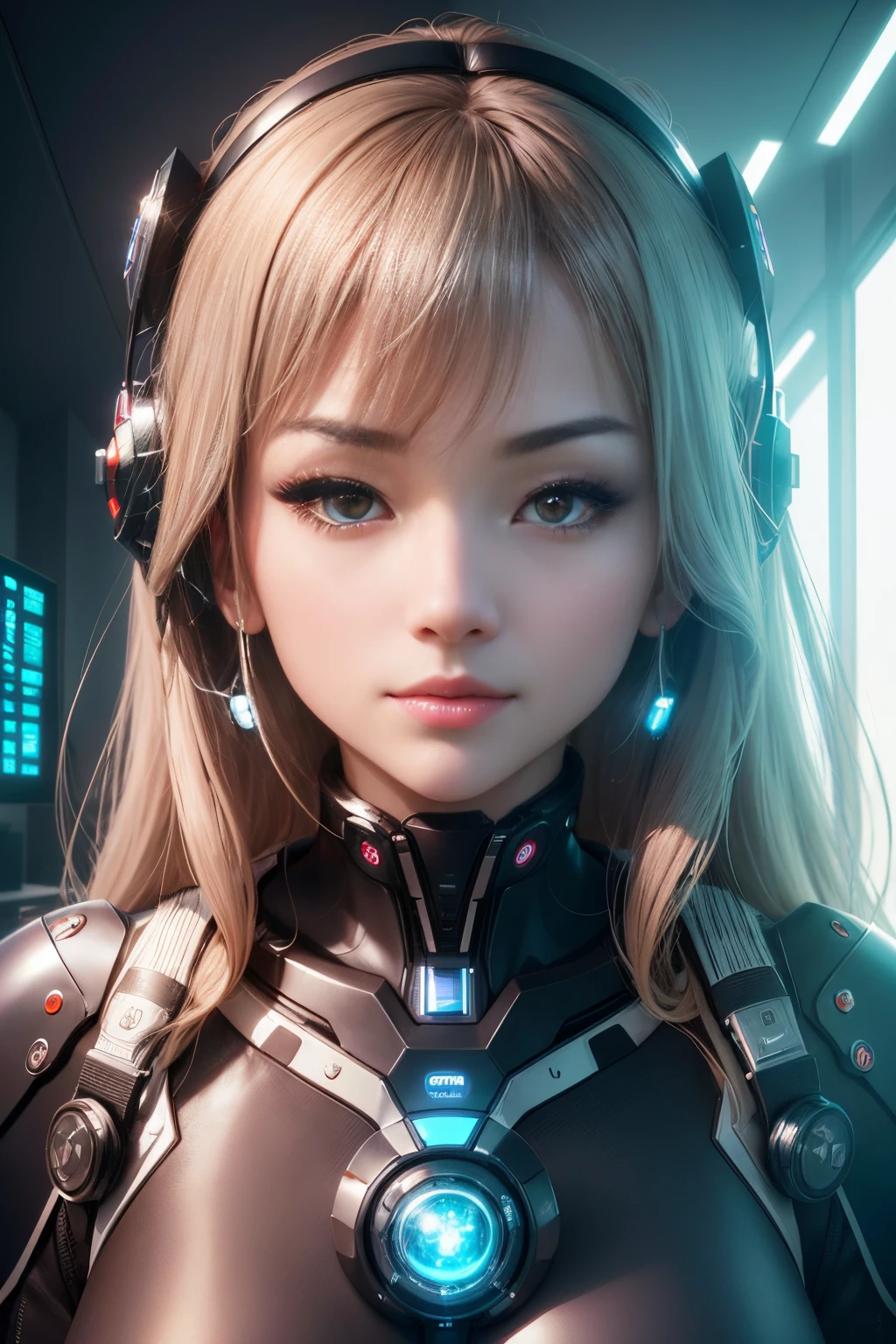 ((Best Quality)), ((masutepiece)), (Detailed), Perfect face,In the room with the quantum computer、Expressing a beautiful AI woman surrounded by future technology.、Showcasing the fusion of advanced science and beauty。