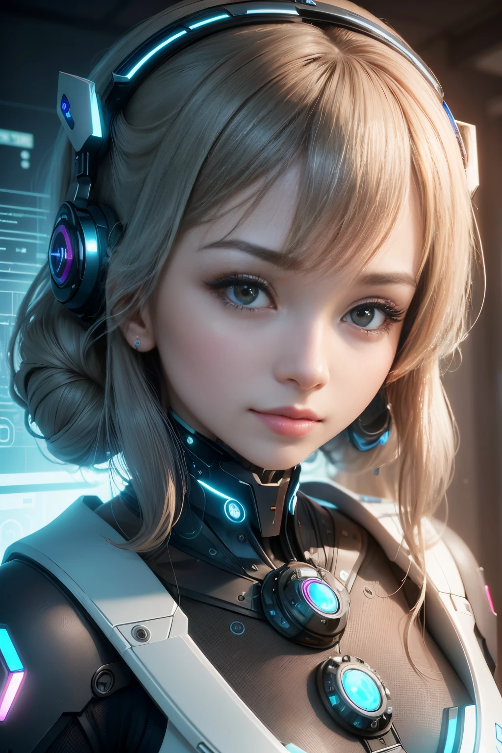 ((Best Quality)), ((masutepiece)), (Detailed), Perfect face,In the room with the quantum computer、Expressing a beautiful AI woman surrounded by future technology.、Showcasing the fusion of advanced science and beauty。