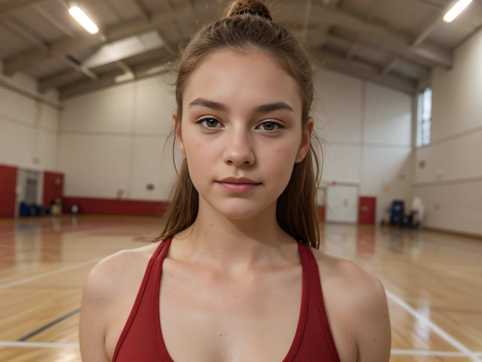 Lucy, photography of a 20yo woman, beauty spot  on the face, in sports hall, wear santa claus