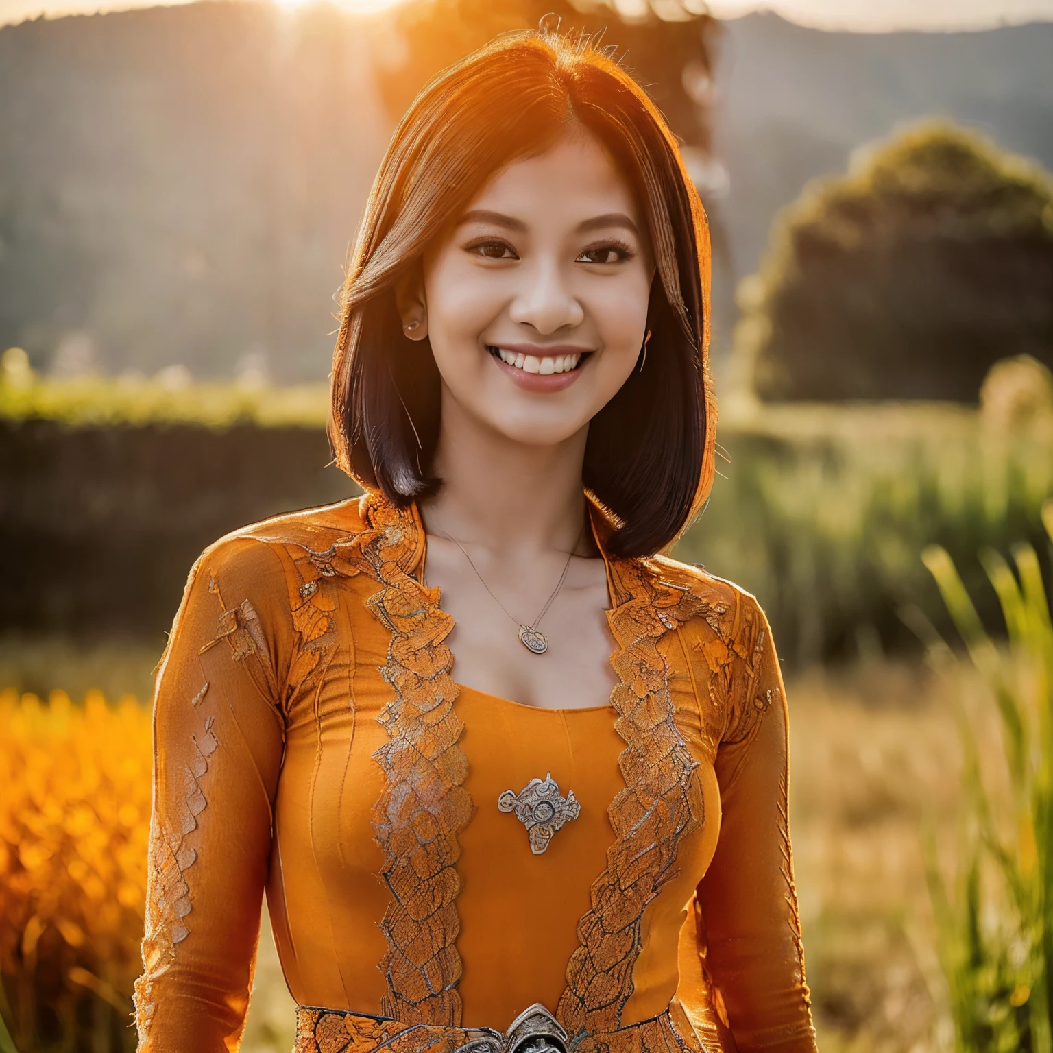 Best quality, high resolution, Masterpiece: 1.3), a beautiful 18 years old jihyo twice from russian (her face mixture causcasian russian and korea) with a slender figure, (black hair 1:3(short_blunt bob_hairstyle), wearing a orange pendant, ((transparent _orange_kebaya_bali)) outdoors, scenic beauty, ricefields and mountains in distant background, details in face and skin texture beautifully rendered, details eyeest quality, high resolution, masterpiece: 1.3), a slim figure , wearing a orange pendant, ((transparent _orange_kebaya_bali)), outdoors, background random, details in face and skin texture beautifully rendered, detail eyes 1:2 (perfect_eyes), double eyelids, seductive laugh, feminine laugh, seductive pose