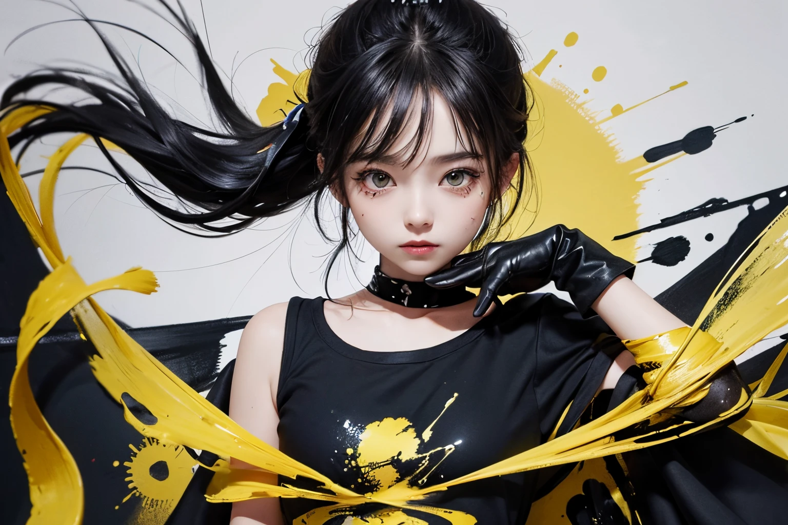 camiseta preta, camiseta lisa, water painting art, Gota de tinta, many color Gota de tinta, yellow Gota de tinta, black Gota de tinta, altamente detalhado line art, Detalhes incrivelmente finos, mais alta qualidade, Tamanho de arquivo grande, altamente detalhado, obra de arte,
