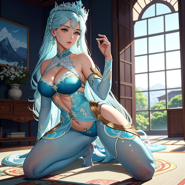 (Enrich the image,masterpiece-level quality)Belas artes CG 8K,Postura de deusa,Kneeling exercise,Fino e macio,translucent skin,Cabelo Aqua Blue、A beleza dos cabelos extralongos, cabelos lisos super longos,A pele clara e suculenta,Uniforme Big JK,Perspectiva Parte 1.2x efeito de silhueta melhorada,Exquisite pattern of transparent blues in pajamas,The details are intricate and exquisite,O fundo um pouco desfocado,Charming and lascivious leg seduction,babar,Peito grande extra grande,Goddess of the Japan,Curvas finas de corpo perfeito,