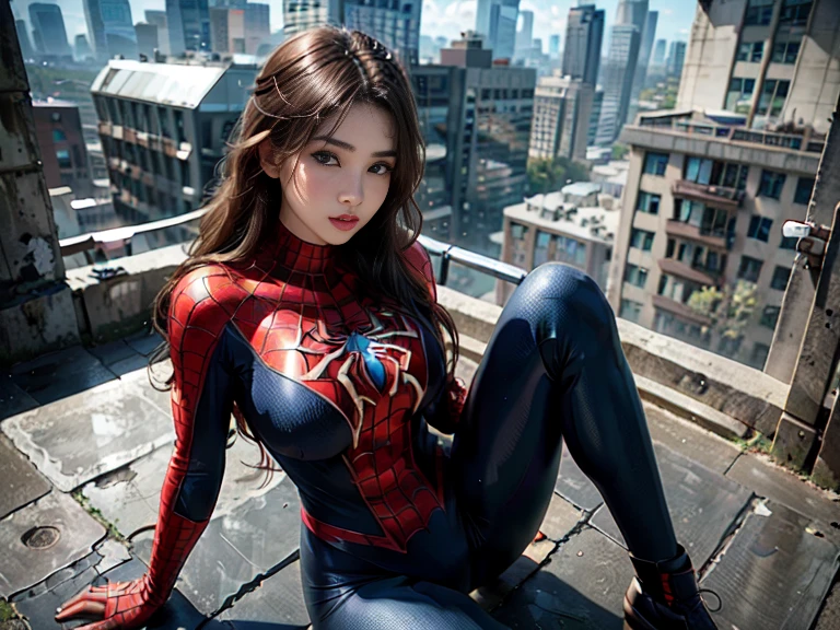 8k, high res, HQ, UHD, (photorealistic:1.4), masterpiece, hyper-realistic detailed photography of beautiful japanese woman in (spiderman suit), 27 years old, (sitting down on the floor, elegance pose:1.3, spread legs, knee up), (wonderful skyview, rooftop of high building, cityscape), slim fit body with a bit sweat, abs, look at me, huge boobs, sexypose, large saggy breast, detailed body feature, proportional perfect body, models posture, detailed perfect hand, clear bright skin, tanned, lustly look, seductive smile, symmetricaly face, perfect face feature, detailed face, Intricate detailed grey blue eyes, detailed perfect lips, a bit opened mouth, detailed long brunette hair, braid hair, perfect composition, dynamic lighting, cheerful atmosphere, blue tones, high angle shot, seen from above, focus on face, exposed breasts, dramatic lighting, night atmosphere