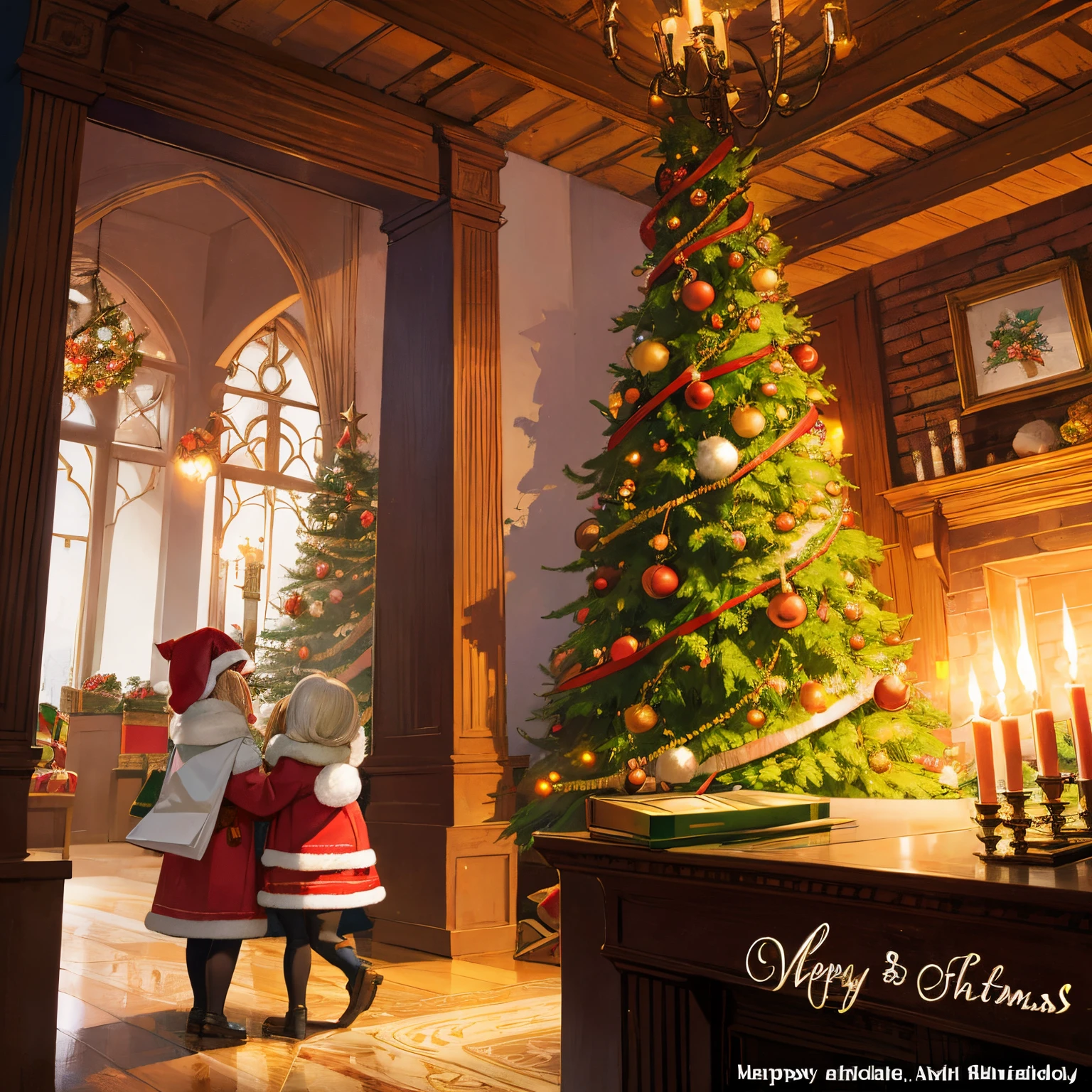 ((traditional)), ((greeting card)), ((Best Quality)), Beautiful Christmas greeting card featuring a cozy indoor scene with candlelight illuminating the festive atmosphere. Illustration style is、Adds a whimsical and playful touch to the scene, Incorporates all the elements of the Christmas spirit, decorated Christmas trees etc., clew, stockings hanging by the fireplace. Traditional colors of red and green create a warm and cozy atmosphere, Scene details are captured with incredible clarity. Created using Adobe Illustrator, Best quality and resolution artwork, Perfect for sending warm holiday wishes to loved ones. on eye level, Scenic, masutepiece.