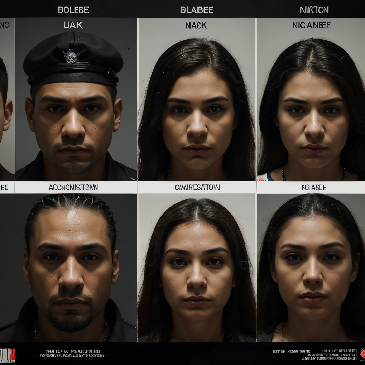 An ultra realistic investigation police graphic, showing the detailed mugshots of each alleged gang member throughout, with their names and nicknames below each of their pictures in a smaller black print. At the top of the graphic it says Operation Takedown in big black ink.