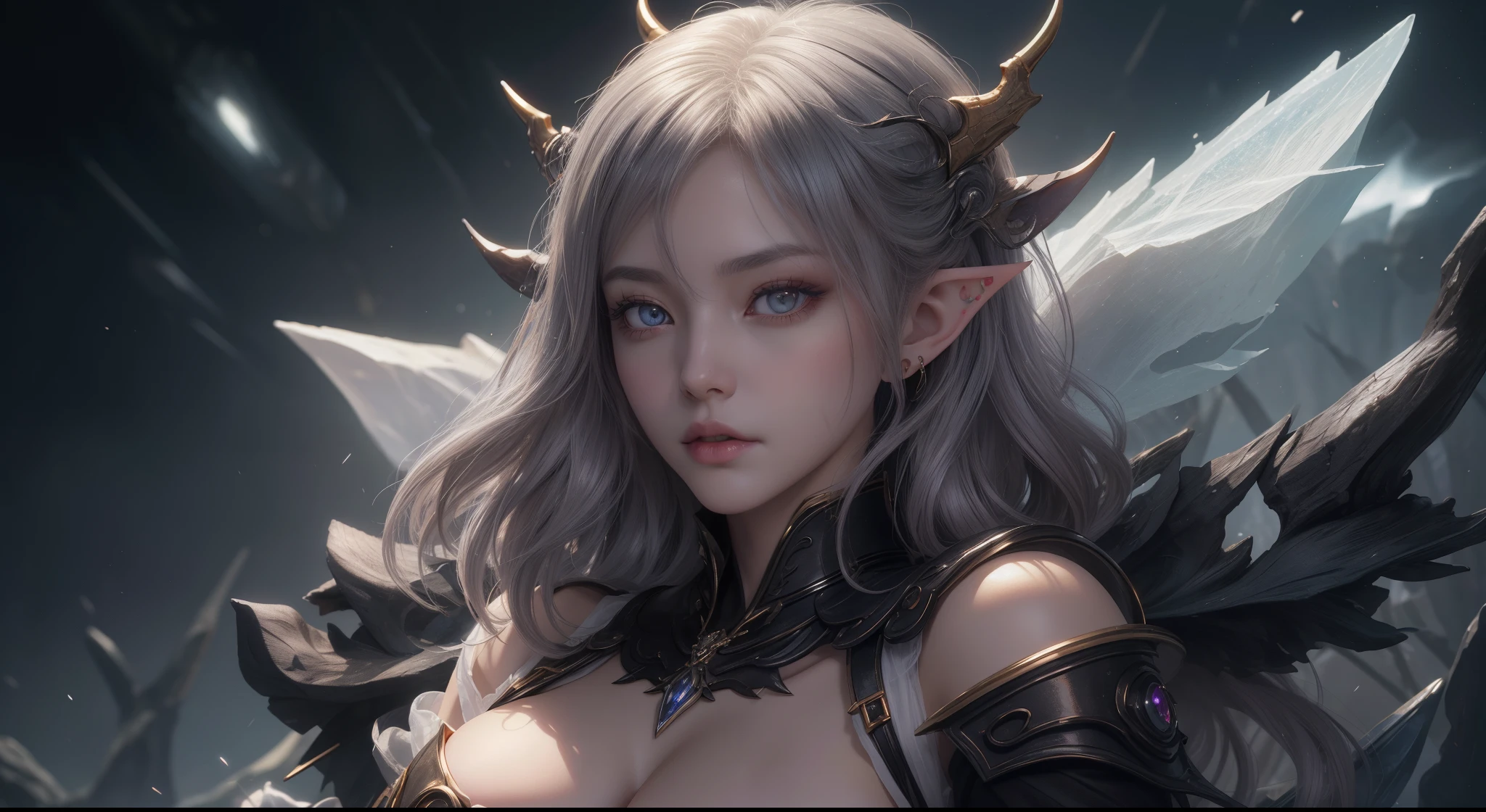 tmasterpiece,Highest image quality,Beautiful bust of a dark elf girl,elvish ears,Dark elf silver short hair style,Clear golden eyes,锁链,废墟,Ultra-detailed details。At the Pixiv Art Station,Break your own power,The kinky exposed,R-18G