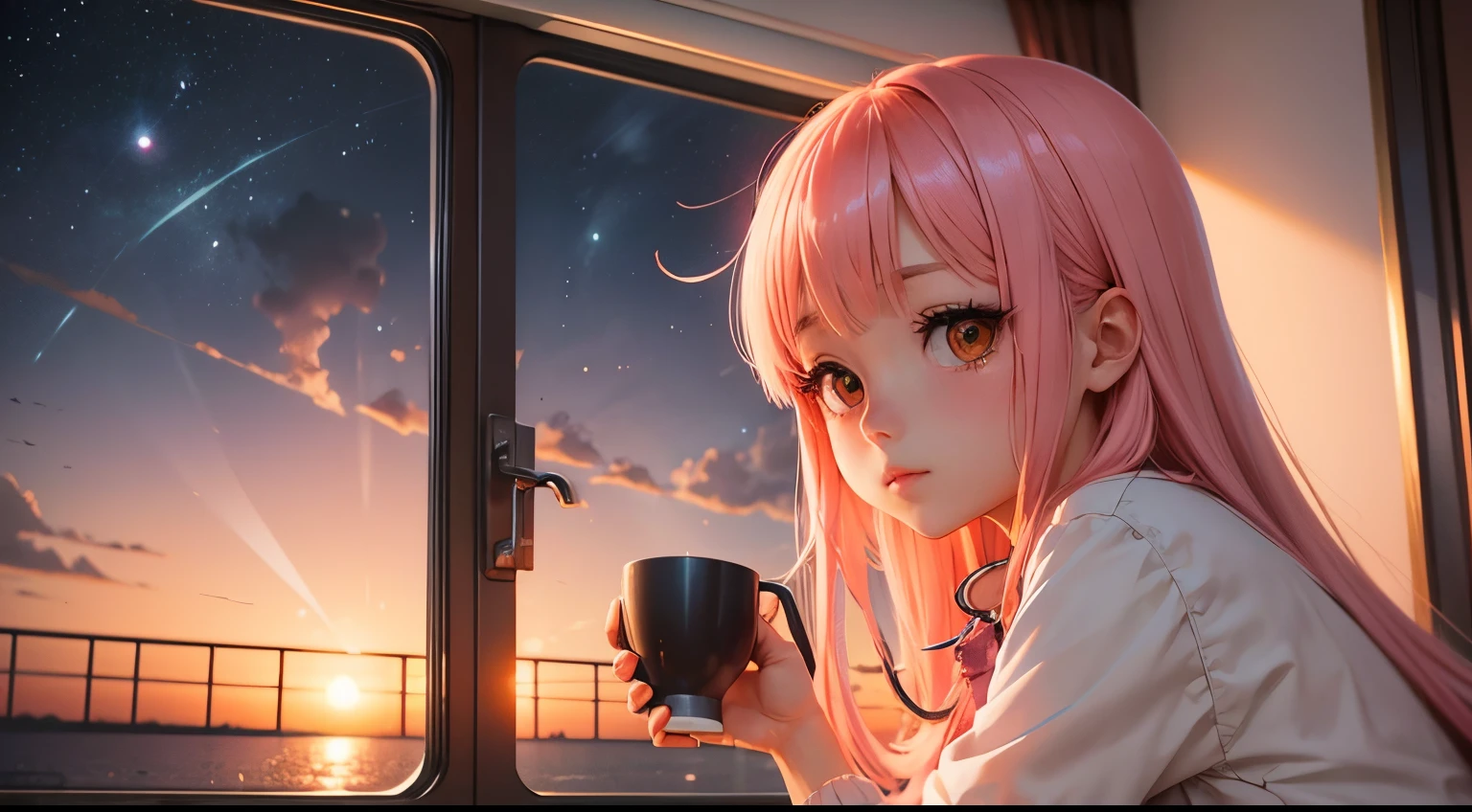 Dreamy Dusk Delight": Anime girl near the ship window and a cup of coffee in a dreamy dusk landscape with warm pinks and oranges.