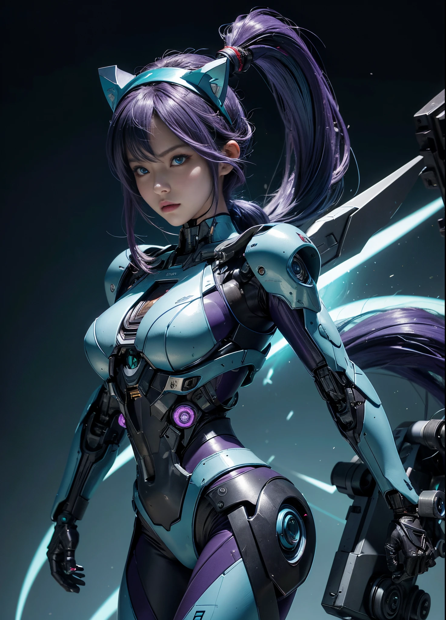 Textured skin, Super Detail, high details, High quality, Best Quality, hight resolution, 1080p, hard disk, Beautiful, cyborgeautiful cyborg woman,Mecha Cyborg Girl, Battle Mode, Girl with a Mecha Body, Dark Purple and cyan body colours, ear cat headband cyan colour, navy cyan hair, pigtail hairstyle, Able to launch missiles from the chest,You can shoot a machine gun from both hands
