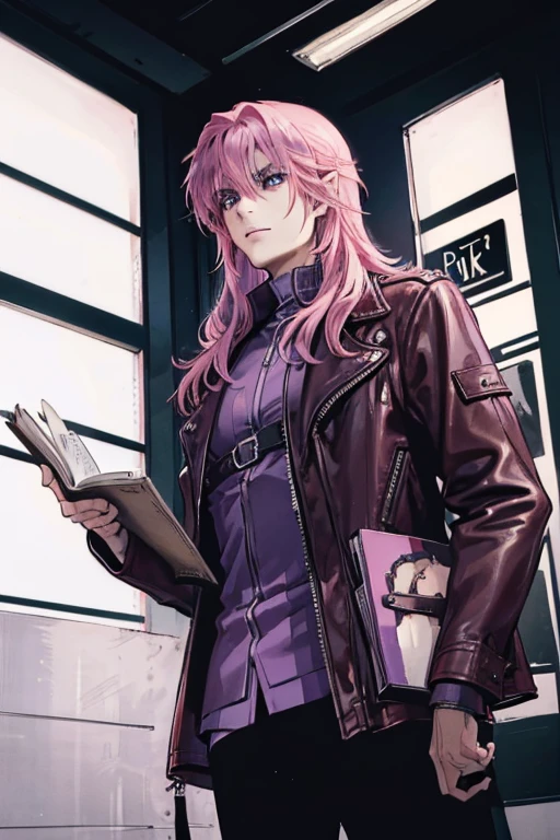 A tall pink haired man with violet eyes with long hair in a leather jacket is holding a black book.