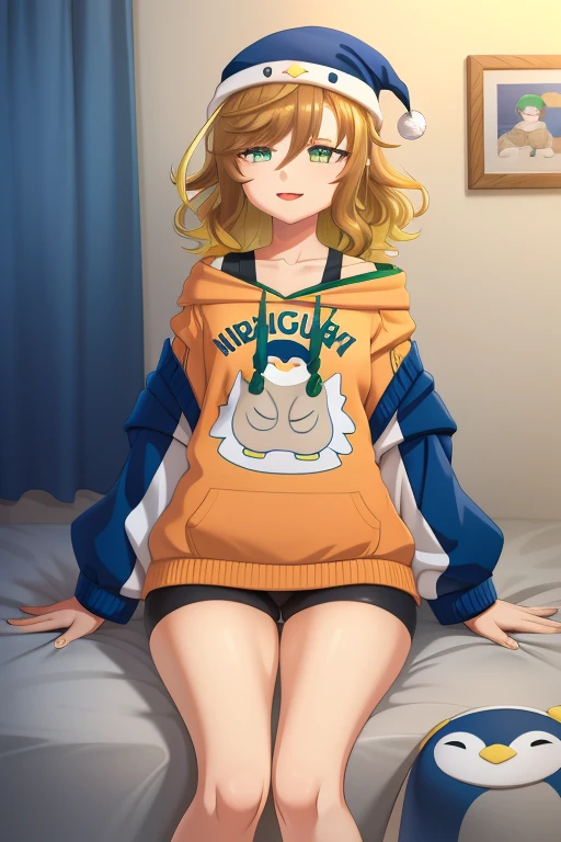 amicia michella - nijisanji, 1girl, (((bimbo))), brown short hair, yellow inner hair, wavy hair, green eyes, (((bimbo))), thin lips, painted lips, shy smile face, wide hips, thick thighs, huge round ass, shiny oily breasts, casual clothes, full body, bed, prone pose, nsfw