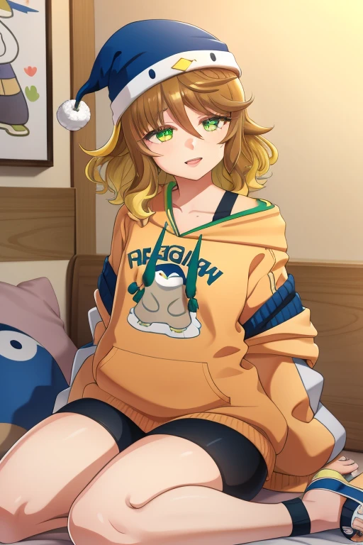 amicia michella - nijisanji, 1girl, brown short hair, yellow inner hair, wavy hair, green eyes, detailed eyes, thin lips, painted lips, shy smile face, wide hips, thick thighs, huge round ass, shiny oily breasts, long sleeves, jacket, shorts, hood, off shoulder, hoodie, black shorts, sandals, bike shorts, blue headwear, drawstring, orange hoodie, hat, full body, bedroom, prone pose, nsfw