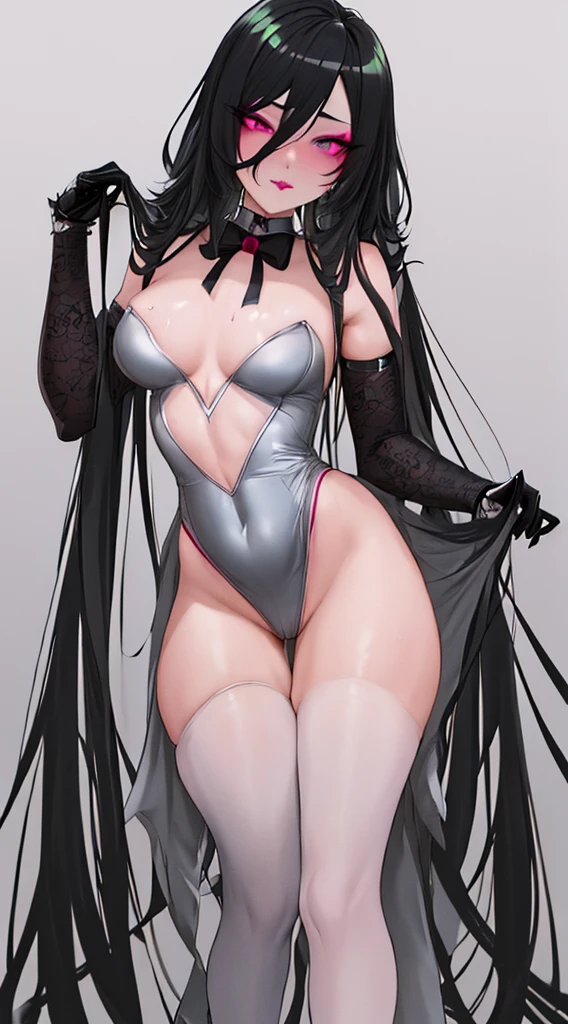 Villain, beautiful, ((femboy, trap, feminine boy, otoko no ko, girly)), long black hair, muscular calves, tall, wide hips, solo, thick thighs, sweaty, 1900s, form fitting minidress, thin toned body, thick lips, lipstick, makeup, detailed face, detailed body, (high detail brushwork, high quality, best quality, 16k, minimalist masterpiece)