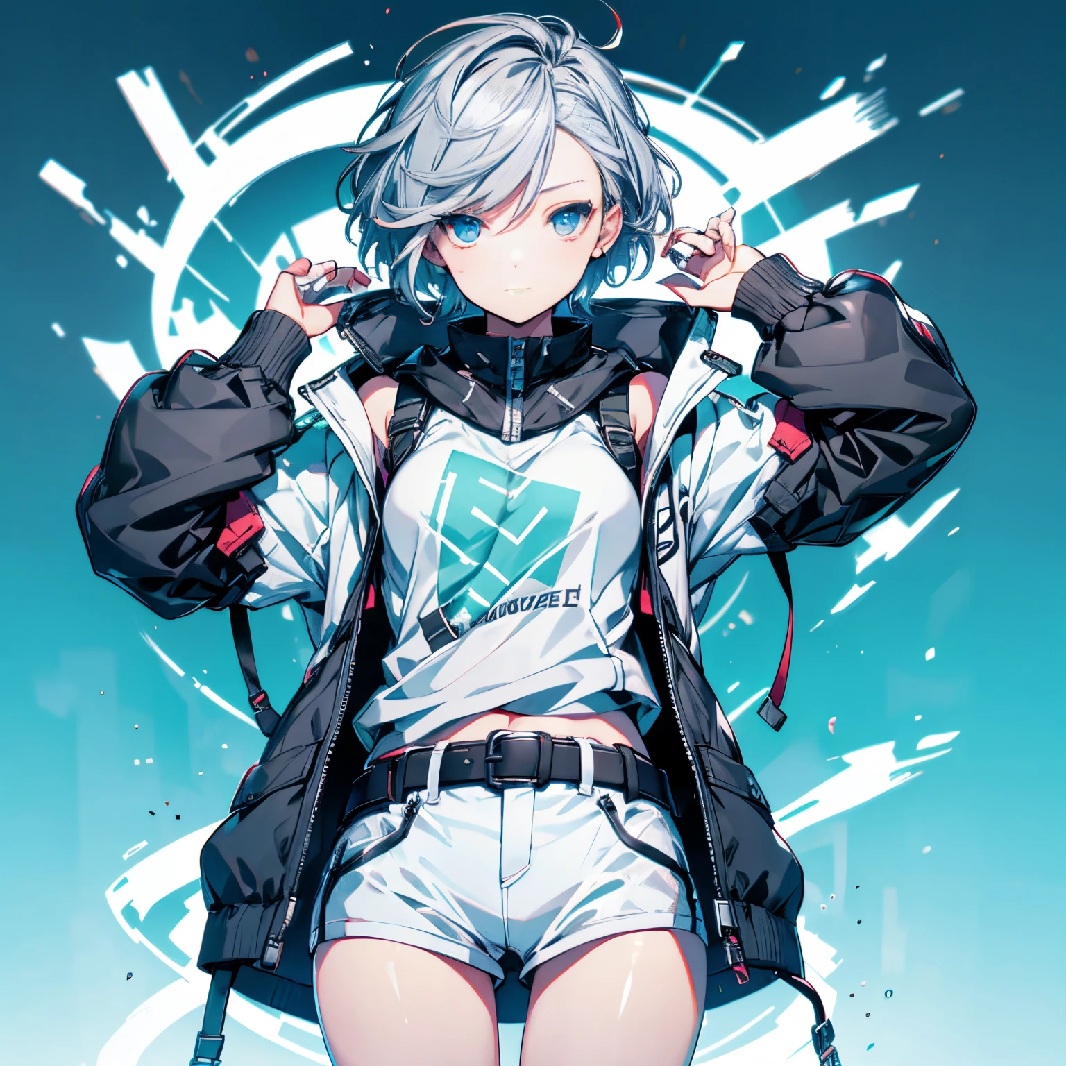 (masutepiece:1.2, Best Quality),  [1 girl in, expressioness, Turquoise eyes, Slate-gray hair, half short cut hair,White Jacket,jacket comes off, ,Upper body]