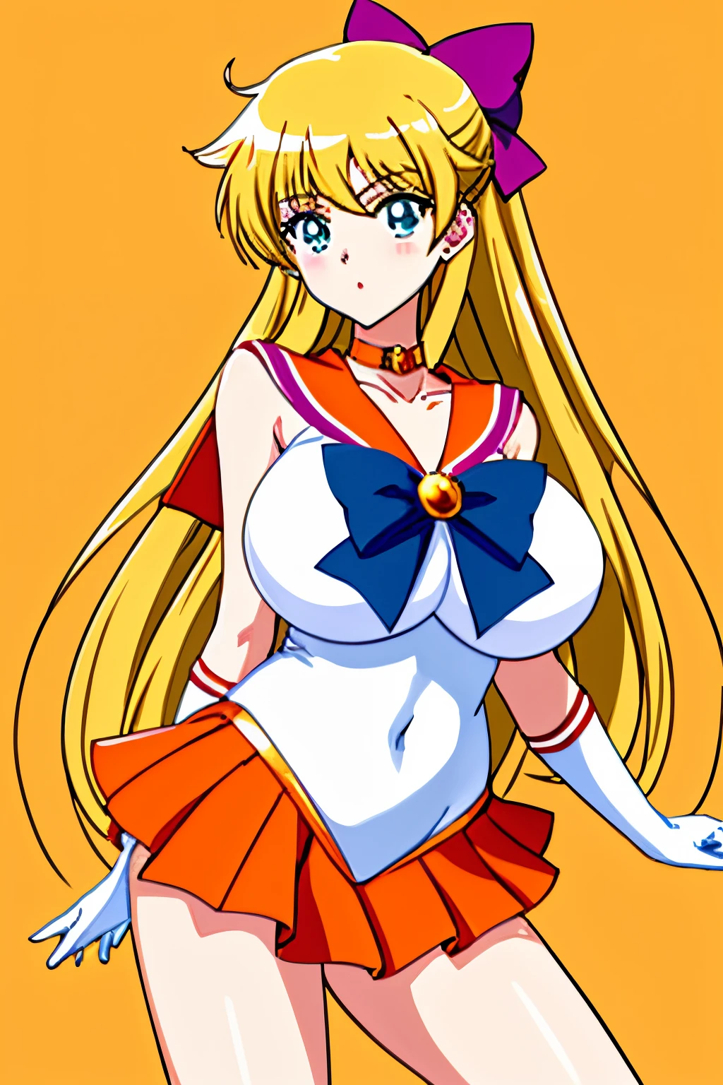 top-quality、​masterpiece、high definition art、anime style 4 k、rating:safe、Sailor Senshi Uniform、an anime girl、Mature girls、************ girl、Very long blonde woman、bow、orangechoker、Golden Choker、skirt、solo、Orange sailor collar、Golden sailor collar、purple bowtie、magical ***********、jewelry、red_bow、green eyed woman、white glove、elbowgloves、Orange skirt、Golden skirt、back_bow、yellow_background、a miniskirt、pleatedskirt、Woman with very large breasts、huge tit、hair_bow、耳Nipple Ring、circlet、cowboy_shot、Half Up Hair、covered_navel、White leotard、highleg leotard、robe blanche、violet_bow、orange_background、gold_background、Woman standing、looking_at_viewer、crescent、bangs、brooch、collarbone、shiny、Bare shoulders、bare legs、