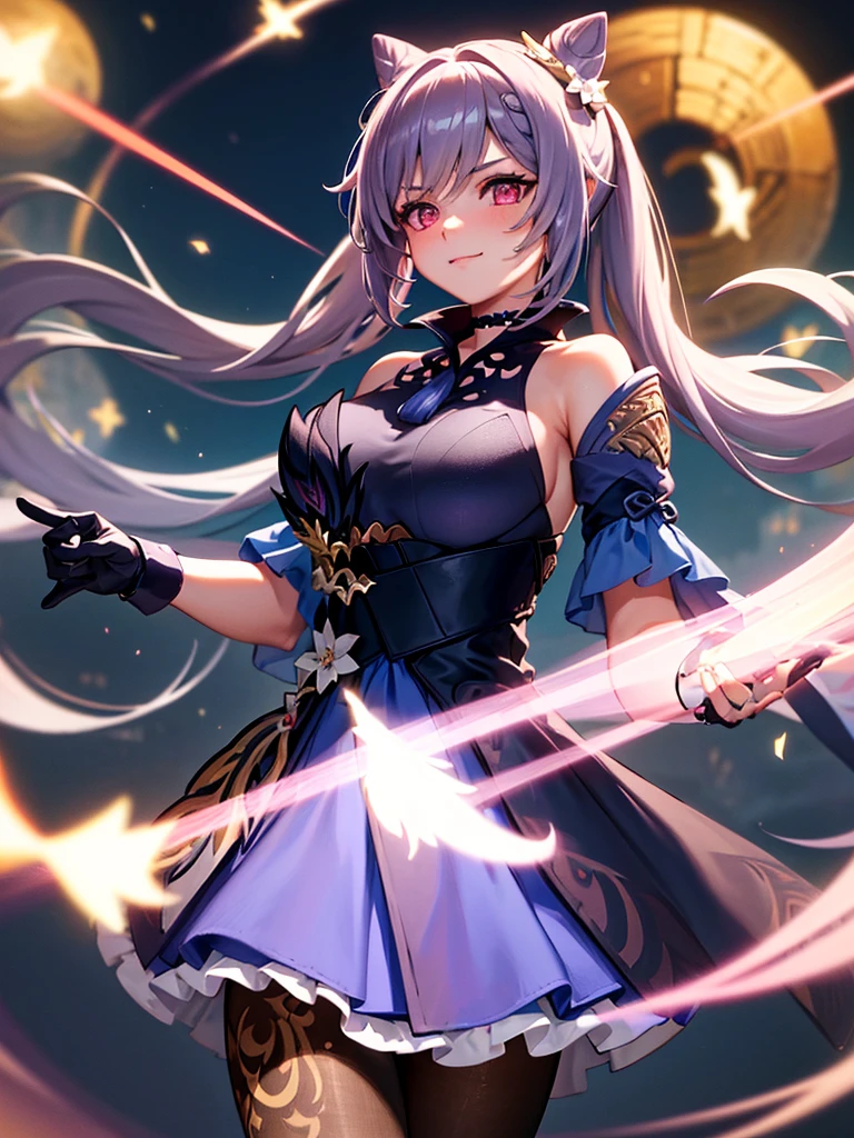 ((masterpiece8k)), ((Best Quality)), (Ultra-detailed), Anime style, Cute , 1girl in, Solo, Detailed background, 1 person, long hair, purple eyes, star in sight , Strapless top, long skirt