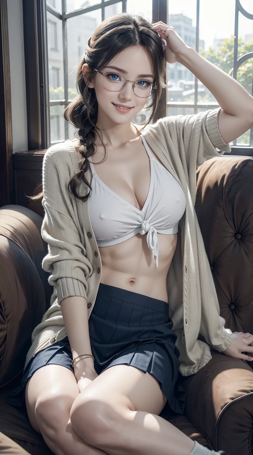 25-year-old Caucasian woman、bionde、blue eyess、Longhaire、I use a hair band to tie my hair together、a smile、My abs are cracked、The navel is out、accessories on the wrist、Slender but well-proportioned muscular body、a smile、Breasts are big、Wearing a cardigan、wearing a loose skirt、I&#39;m sitting relaxing on the sofa by the window in the living room.、a smile、wears blue frame glasses、Reading a book