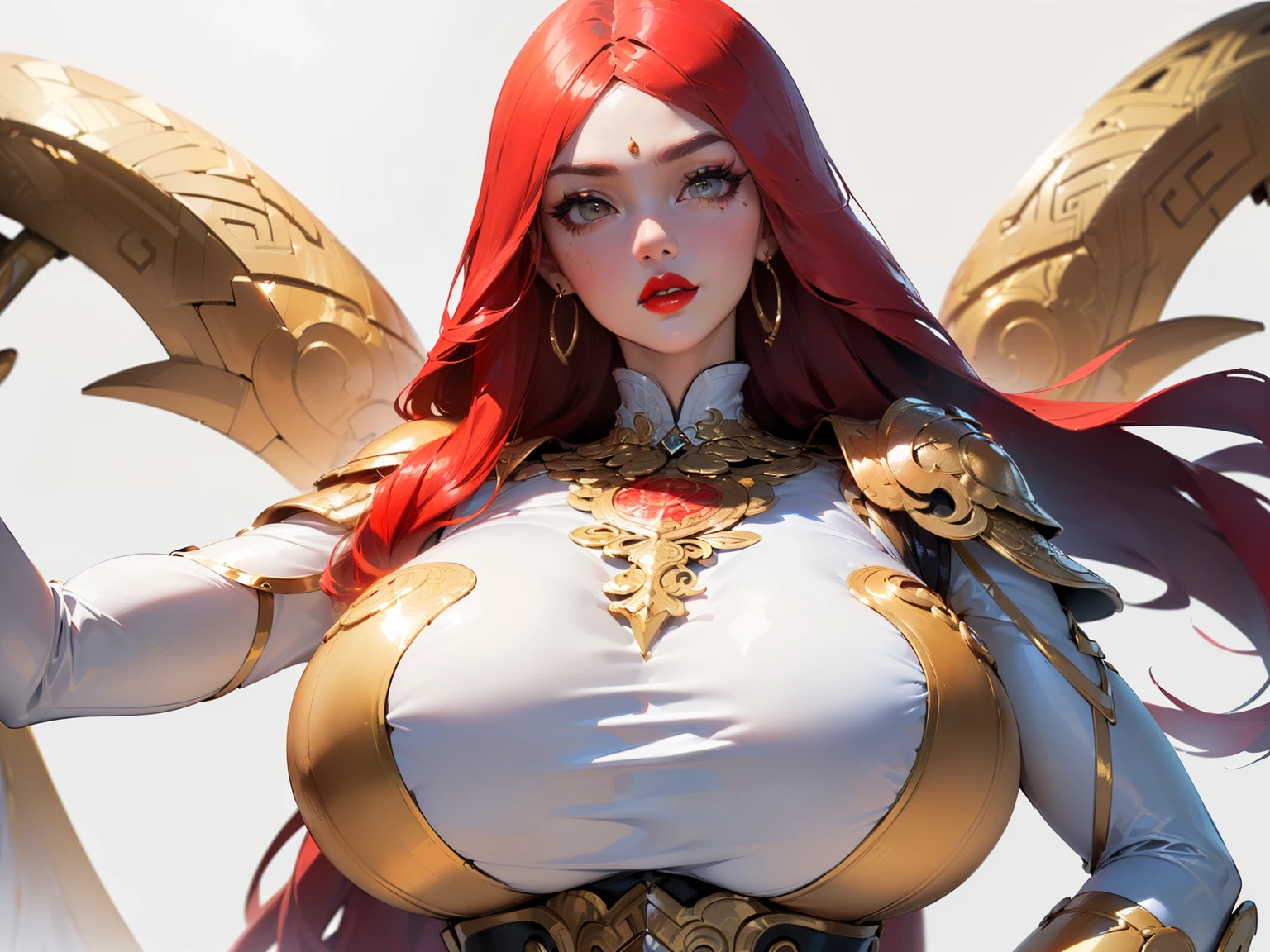 ((Upper body view:1.4)), ((masterpiece)),(((best quality))), ((futuristic empress, mature face, ((middle eastern eyes:1.4)), ((gold futuristic gown)), (((intricate futuristic breastplate))), defined cheekbones, high cheekbones, illustration, muscular, ((future gold:1.4)), sexy bimbo, (gigantic breasts:1.7) red hair, ((detailed face:1.4)) beautiful woman, (Chinese:1.4) (white skin:1.4) , (red lipstick:1.4), shiny skin, ((skindentation)), scribbles and marks,(puffy lips:1.4) , (Shibuya Street at night: 1.5), (Shibuya Street at night: 1.5), rough sketches, pose, 8k,16k, ( background, white background: 1.3) ((warm color palette)), ((future model aesthetic))