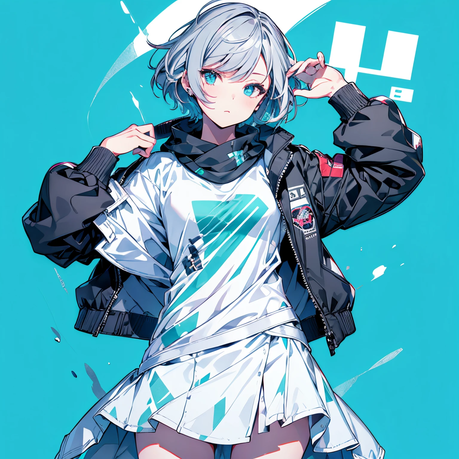 (masutepiece:1.2, Best Quality),  [1 girl in, expressioness, Turquoise eyes, Slate-gray hair, half short cut hair,White Jacket,jacket comes off, ,Upper body]