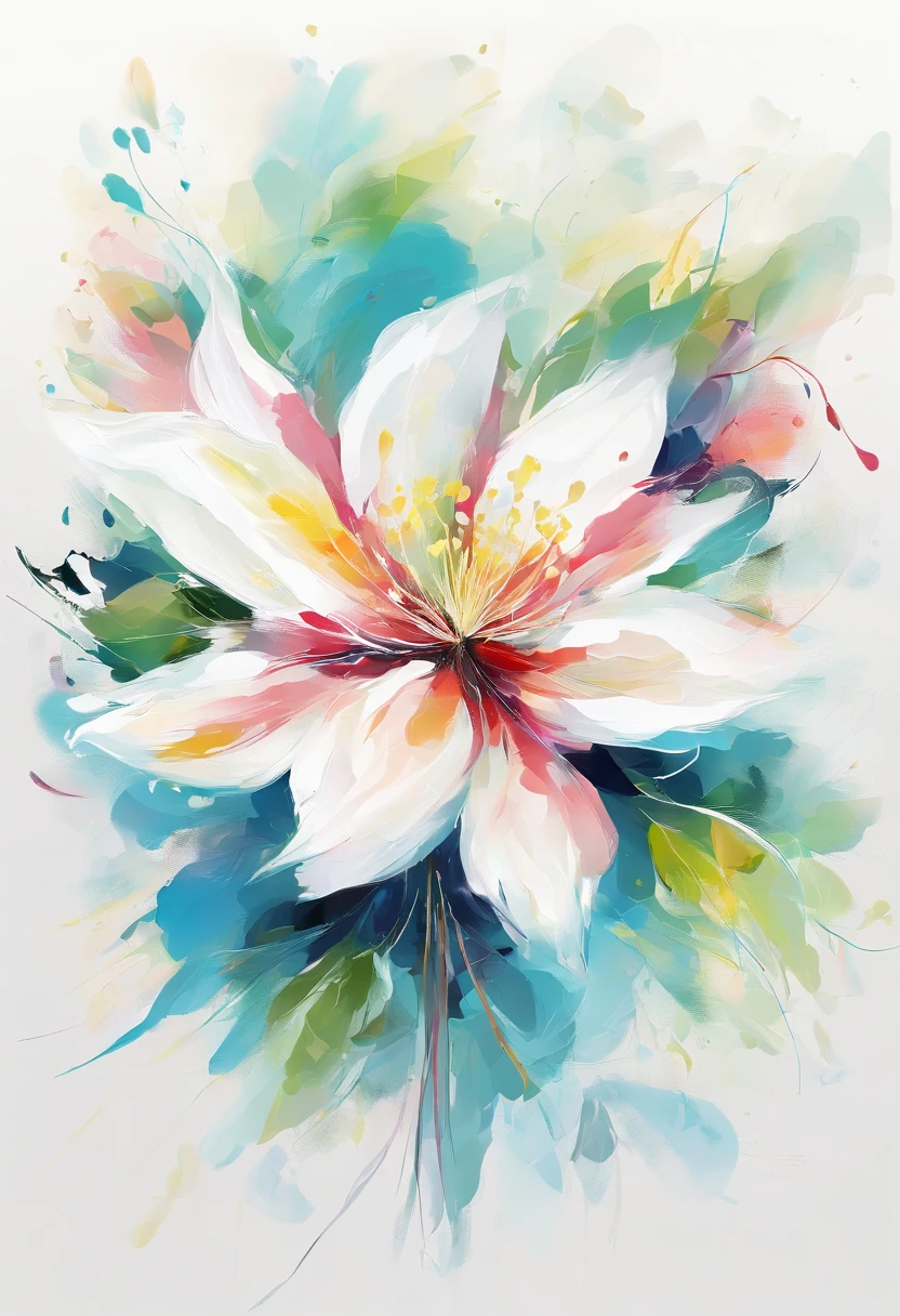 Draw an abstract painting of a single flower.,white clematis flowers、use acrylic paint、Abstract artist known for his unique use of acrylic pouring, real brush strokes,aesthetic composition,Minimal style, Powerful and dynamic stroke、Shape that suggests discovery、White clematis symbolizes purity and mystery.、Expressing unexpected developments and feelings of surprise、The main color of the work is sky blue.、bright and vivid tones.、Add moist compacted sand、Enhances the texture and tactile elements of your artwork, While staring at this image, oot、Interaction of color and texture、Immerse yourself in the mysterious atmosphere、guided by surprise、Flowers radiate bursting energy