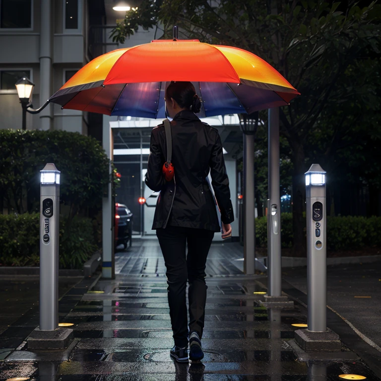 Futuristic umbrella featuring integrated solar panels, multicolored LEDs that automatically light up in dark environments, advanced water-repellent fabric, and an ergonomic handle with a temperature sensor for automatic comfort adjustment.