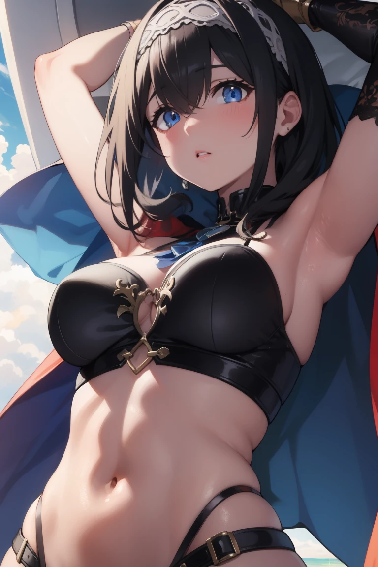 fumikasagisawa, BREAK fumika sagisawa, blue eyes, black hair, hairband, long hair, hair over eyes,
BREAK cape, armor, black bodysuit, gauntlets, underboob,
BREAK looking at viewer,(from below:1.2),armpits,arm up,
BREAK outdoors, beach,
BREAK (masterpiece:1.2), best quality, high resolution, unity 8k wallpaper, (illustration:0.8), (beautiful detailed eyes:1.6), extremely detailed face, perfect lighting, extremely detailed CG, (perfect hands, perfect anatomy),