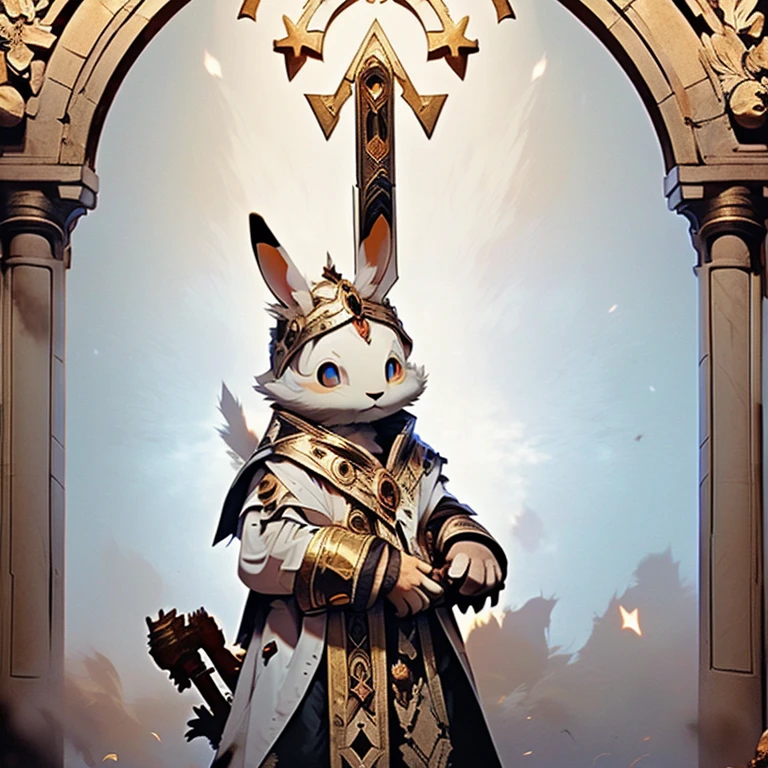 ( white bunny) guarding a ancient door to the titans ( white cloak with golden that have symbols) ( the door symbol star on the front middle) ( golden eyes) ( death glare) ( holding a staff) ( female)