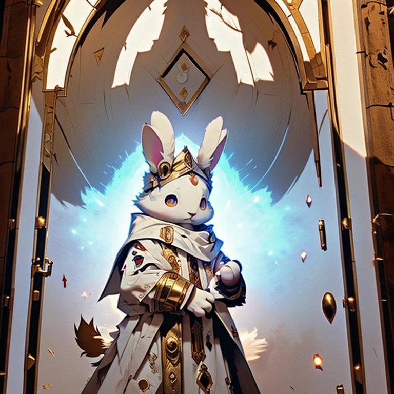 ( white bunny) guarding a ancient door to the titans ( white cloak with golden that have symbols) ( the door symbol star on the front middle) ( golden eyes) ( death glare) ( holding a staff) ( female)