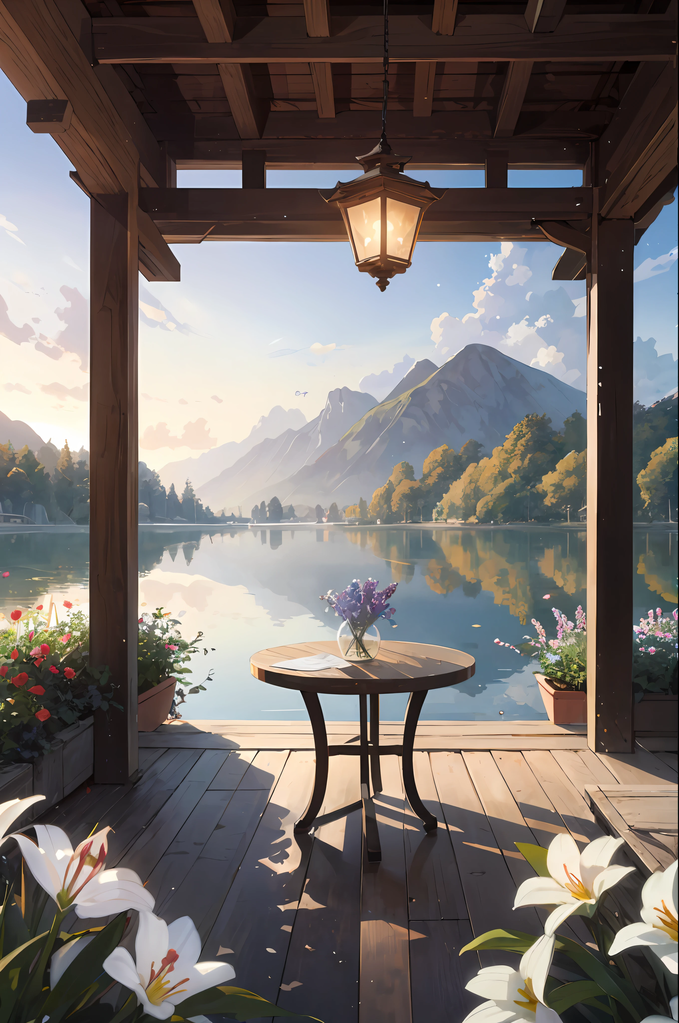 Evening by the lake,The sun shines on the lake,It's like it's sprinkled with golden diamonds。The breeze blows through,The flowers on the grass sway gently,Bursts of fragrance。
A small wooden bridge spans the lake,It is carefully carved,It presents a quaint charm。Several antique lanterns are lined up on the bridge,The lights are warm and soft,Cast a faint glow。
At the other end of the bridge is a beautiful sea of flowers,Colorful flowers bloom in a picturesque landscape。Red roses、Purple lavender、White tulips intertwined with each other,It's like a gorgeous oil painting。
There is a small pavilion by the lake,The pavilion is crawling with green vines,It seems to be an emerald green picture given by nature。Inside the pavilion is a delicate coffee table and several elegant rattan chairs,Let people sit down and enjoy a cup of tea,Enjoy the beautiful scenery reflected on the lake。
Mountains loom in the distance,Clouds surround it,It's like a fairyland。The setting sun shines obliquely at the foot of the mountain,It sets off a fuchsia dream。
There is a young couple on the path by the lake,Hand in hand,Take a leisurely stroll。A few colorful butterflies flew around them,It seems to be adding a touch of romance to their beautiful moments。
At the moment,Time seems to freeze,Everything became peaceful and beautiful。This beautiful scene is like a perfect painting,It's heart-wrenching,It's like being in a fairytale world。