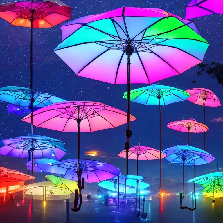 Futuristic umbrella featuring integrated, multicolored LEDs that automatically light up in dark environments, advanced water-repellent fabric, and an ergonomic handle with a temperature sensor for automatic comfort adjustment.