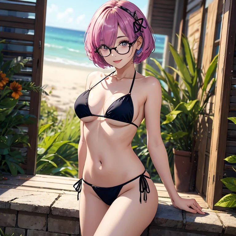 master part, best quality,Rem, 1girl, sozinho, string bikini,Flor do cabelo, ornamento de cabelo, flor, corpo inteiro, flor branca, olhos vermelhos, glasses, sorrir, Olhando para o Viewer, fundo de vilage altamente detalhado, corar,