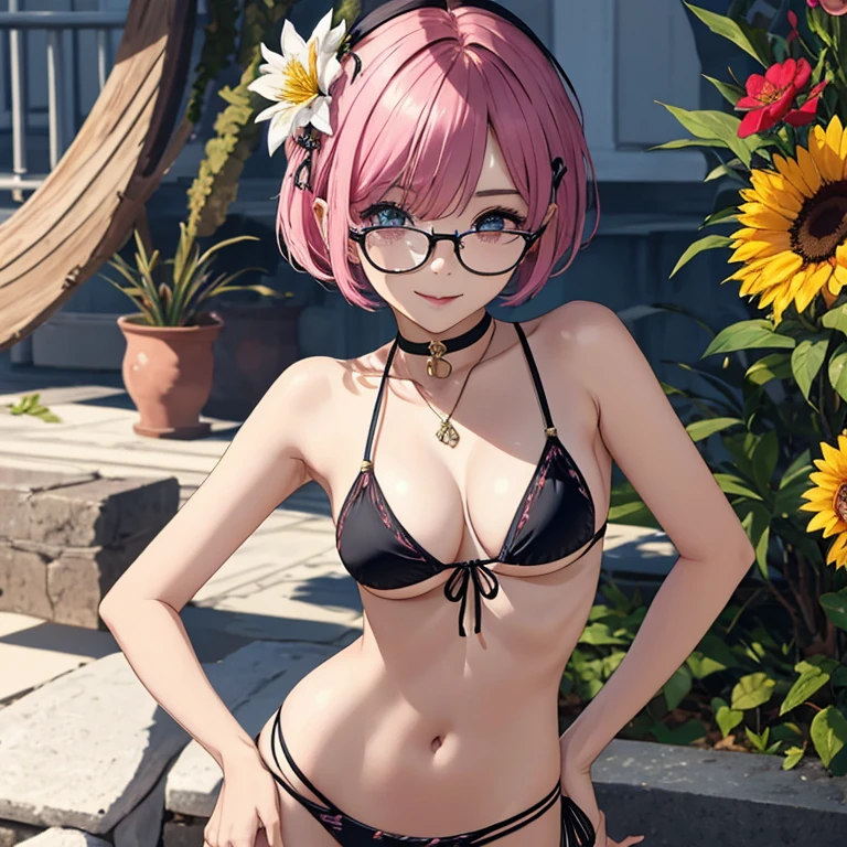 master part, best quality,Rem, 1girl, sozinho, string bikini,Flor do cabelo, ornamento de cabelo, flor, corpo inteiro, flor branca, olhos vermelhos, glasses, sorrir, Olhando para o Viewer, fundo de vilage altamente detalhado, corar,