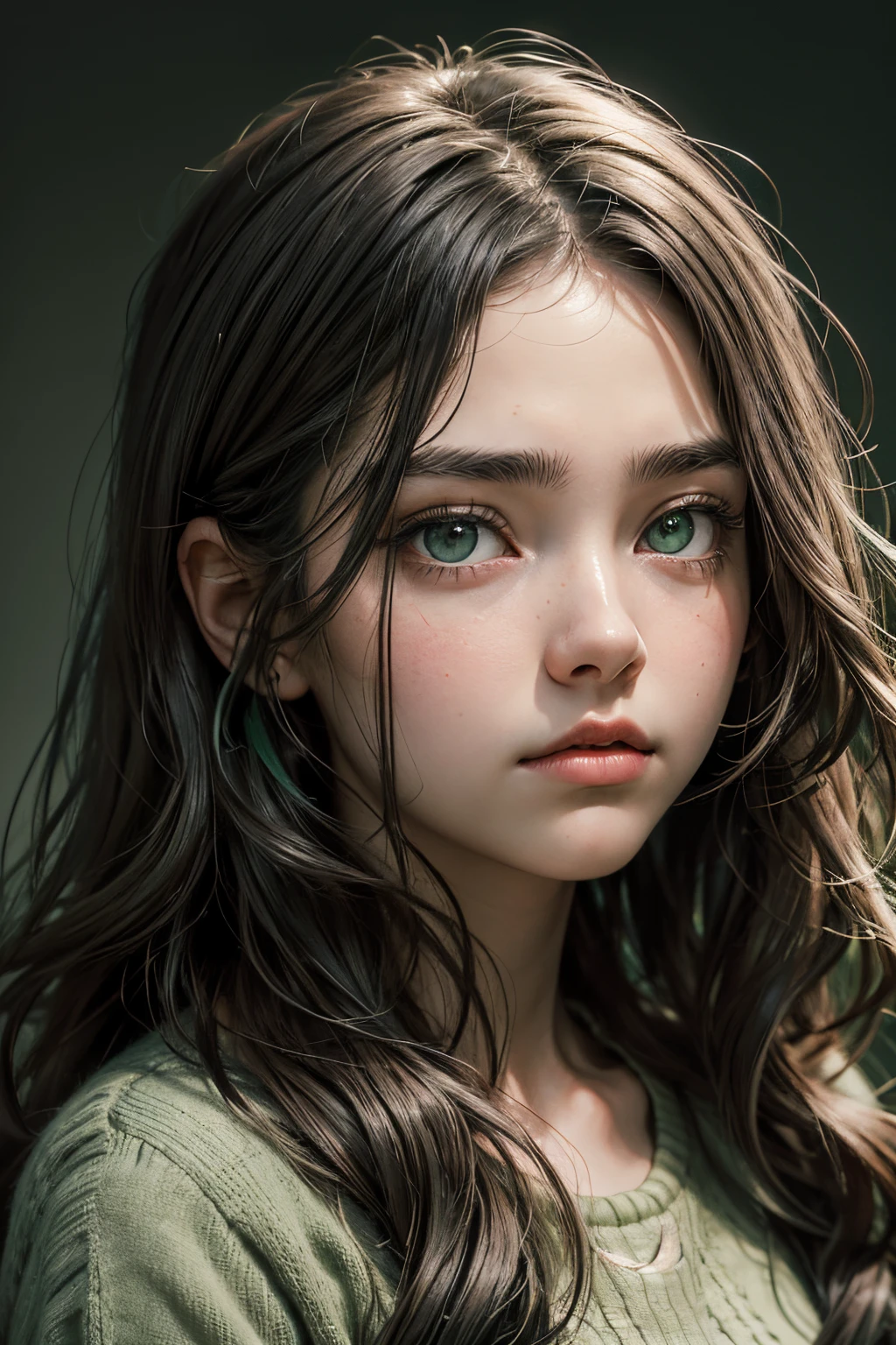 portrait of a young girl with dark brown wavy hair, gray-green cold eyes, thin lips, Heavy Look, heavy eyelids, sad face gray-green background garden